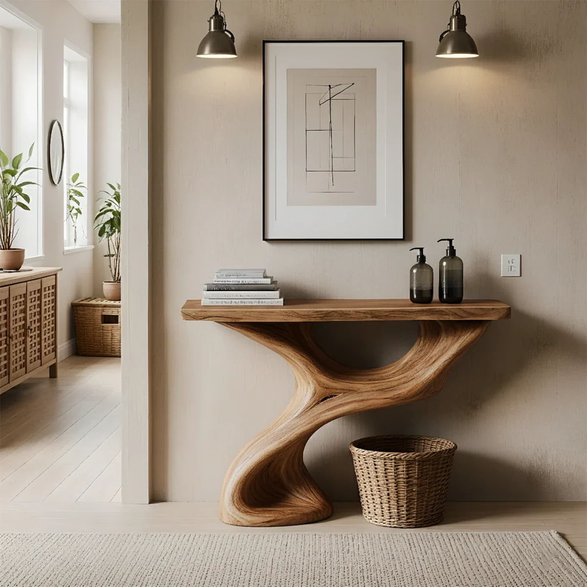 Solid Wood Sculptural Console Table – Organic Flow Form - Rustira