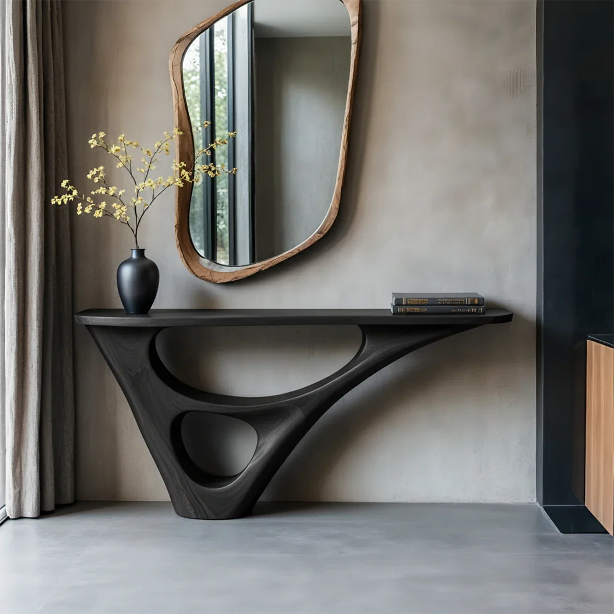 Solid Wood Sculptural Console Table with Fluid Carved Base - Rustira