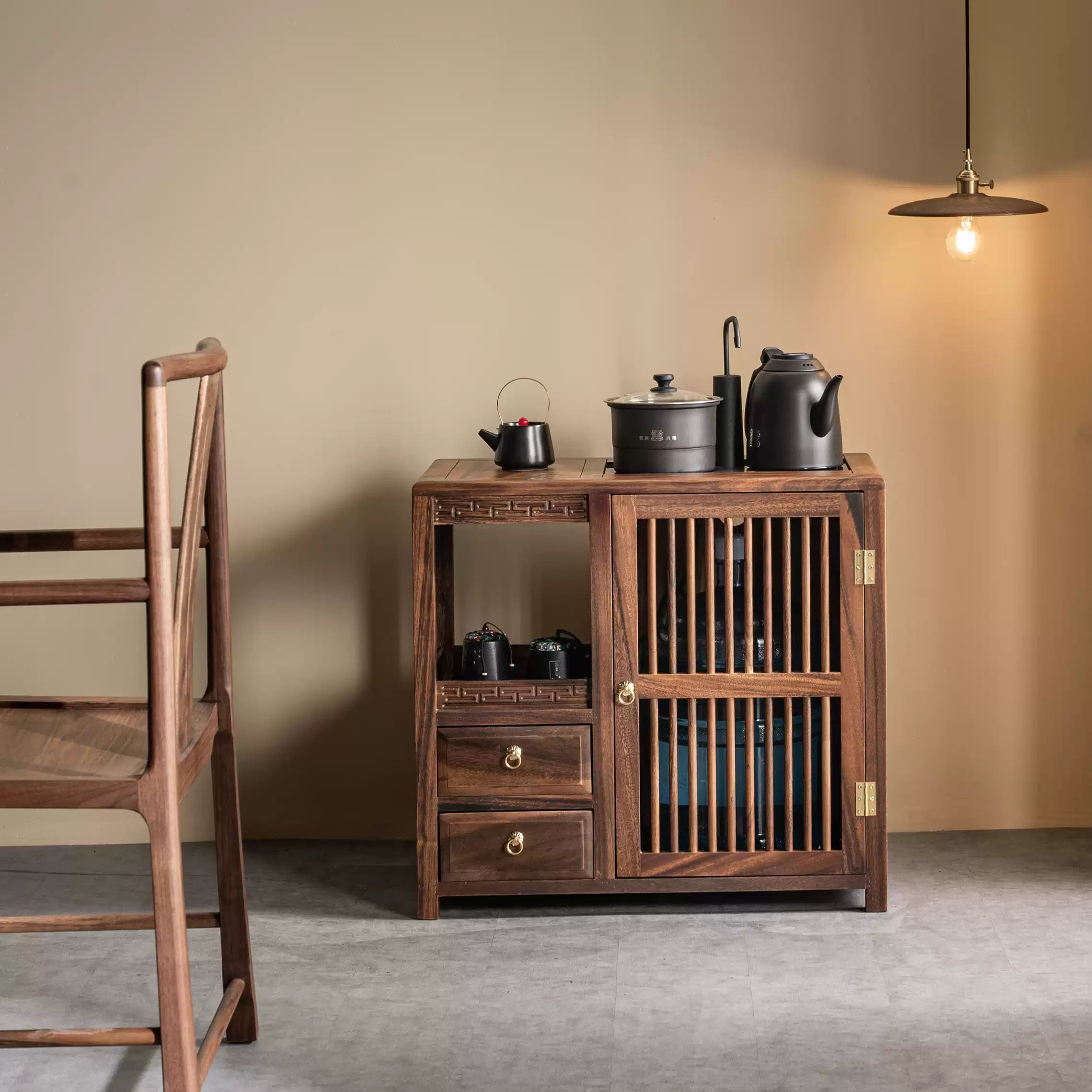 Solid Wood Tea Cabinet – Traditional Storage with Sliding Doors - Rustira