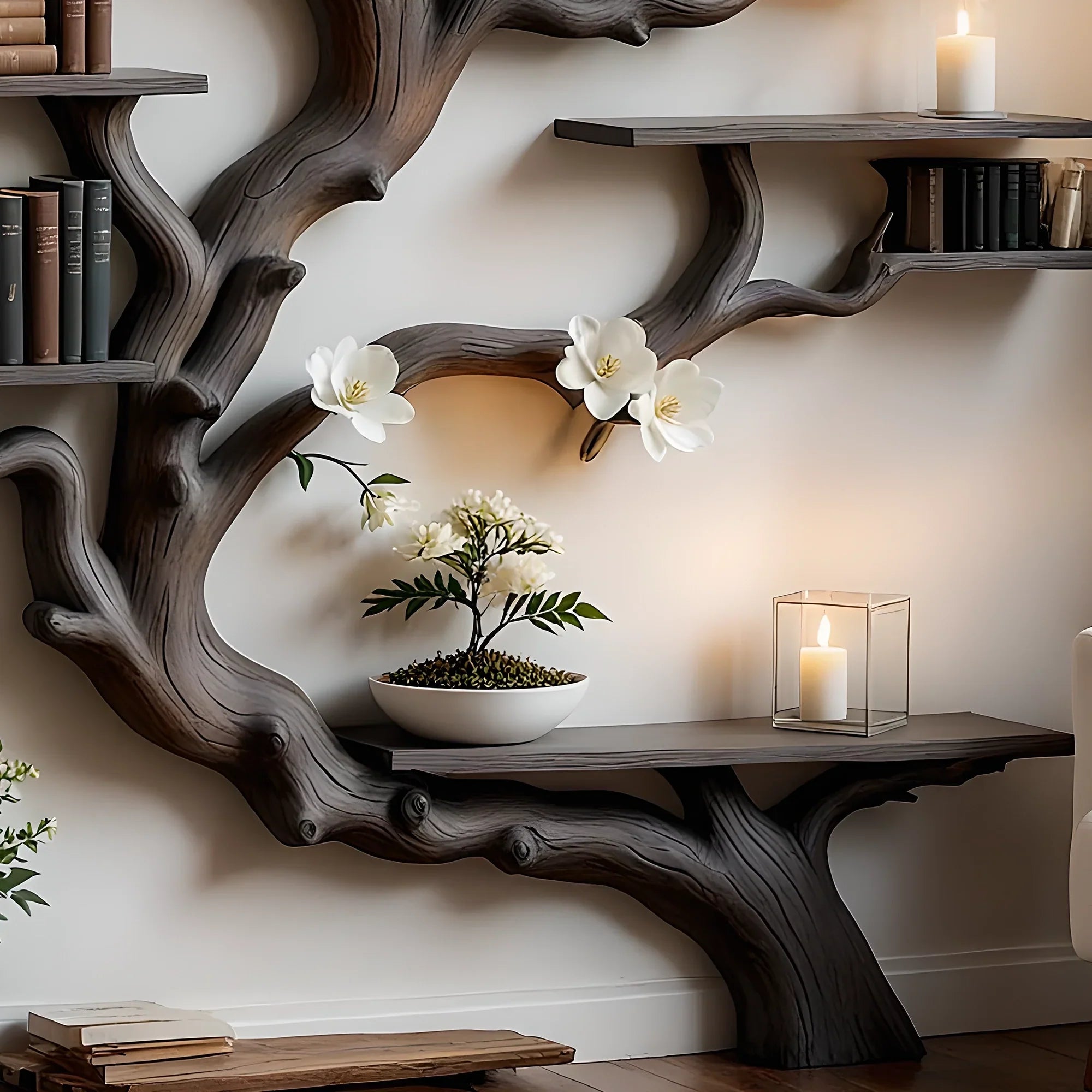 Solid Wood Tree Bookshelf – Nature Theme Decor for Living Room or Nursery