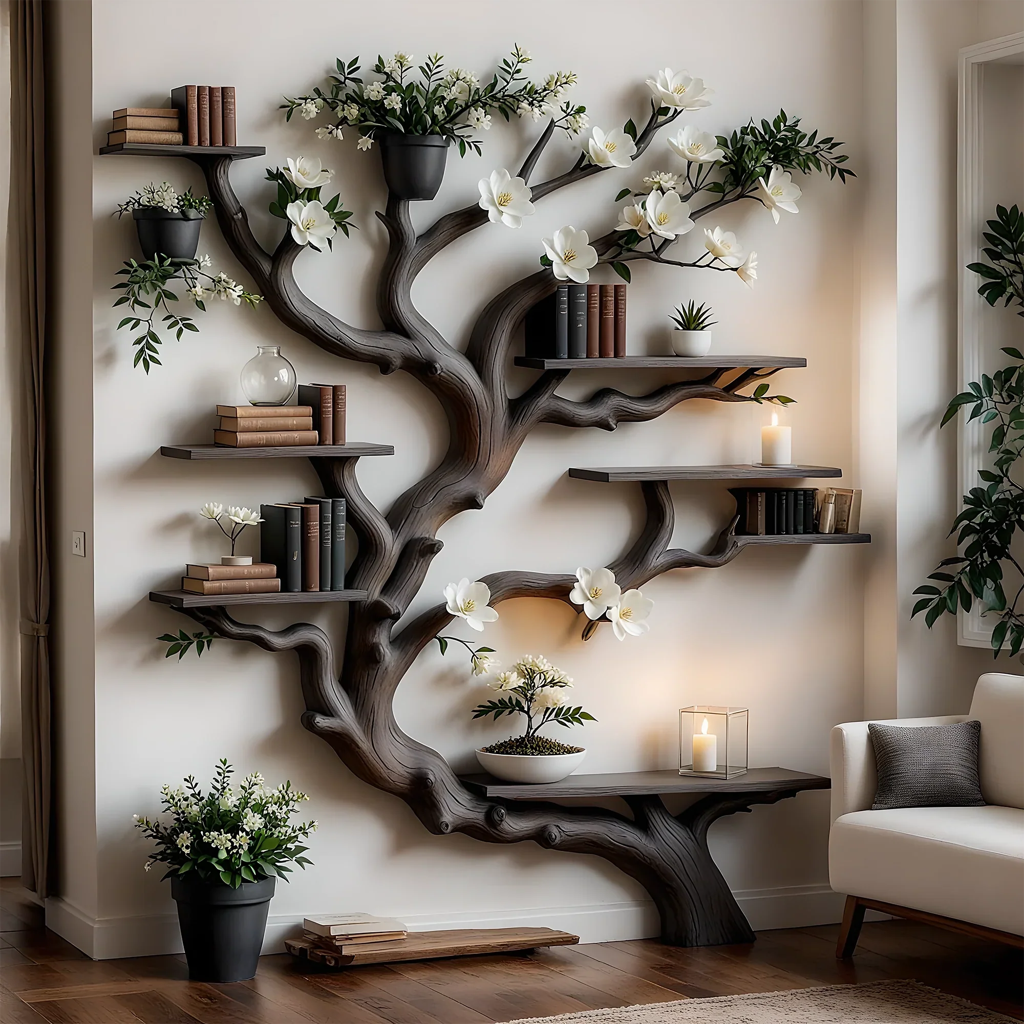 Solid Wood Tree Bookshelf – Nature Theme Decor for Living Room or Nursery