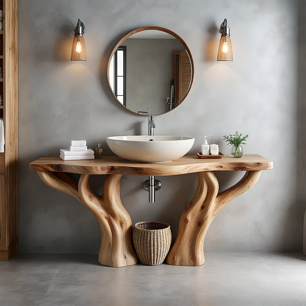 Solid Wood Tree-Form Bathroom Vanity – Natural Live-Edge Countertop - Rustira