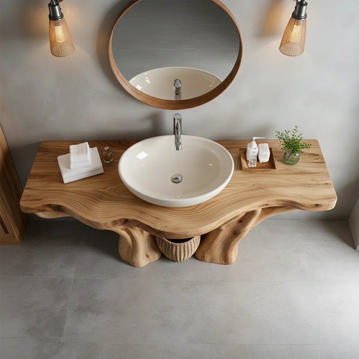 Solid Wood Tree-Form Bathroom Vanity – Natural Live-Edge Countertop - Rustira