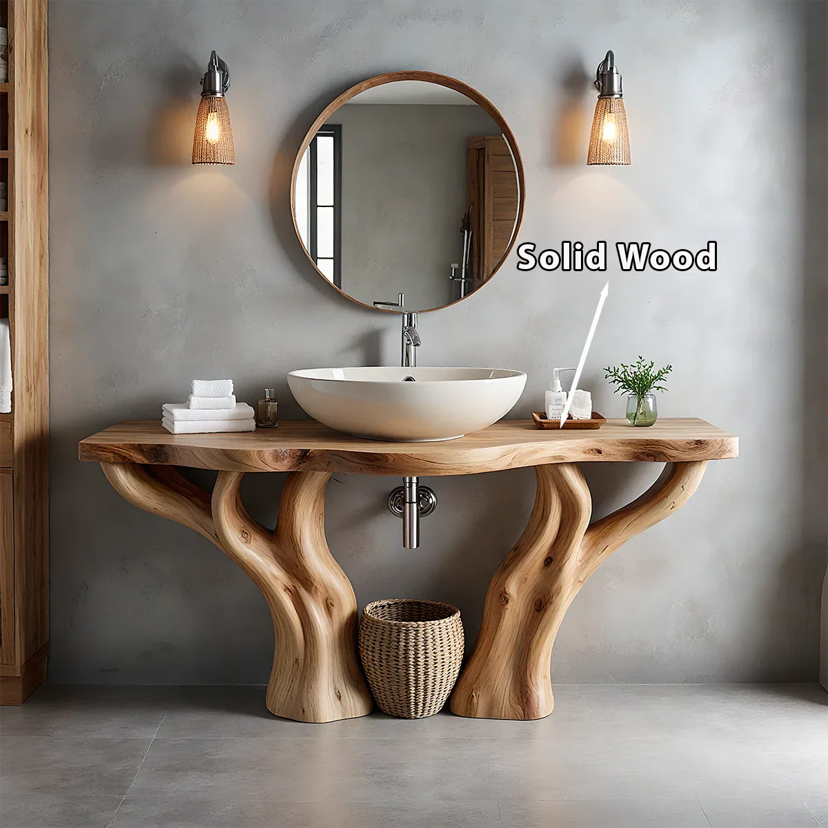 Solid Wood Tree-Form Bathroom Vanity – Natural Live-Edge Countertop - Rustira