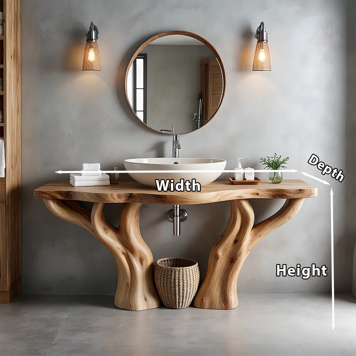 Solid Wood Tree-Form Bathroom Vanity – Natural Live-Edge Countertop - Rustira