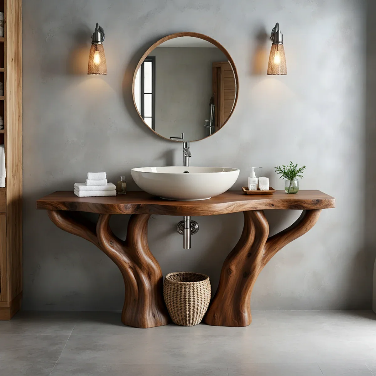 Solid Wood Tree-Form Bathroom Vanity – Natural Live-Edge Countertop - Rustira