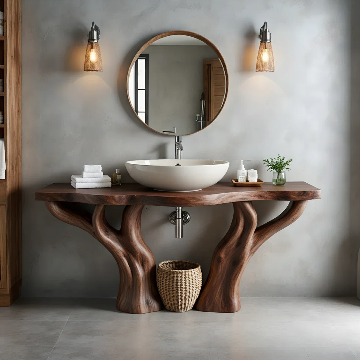 Solid Wood Tree-Form Bathroom Vanity – Natural Live-Edge Countertop - Rustira