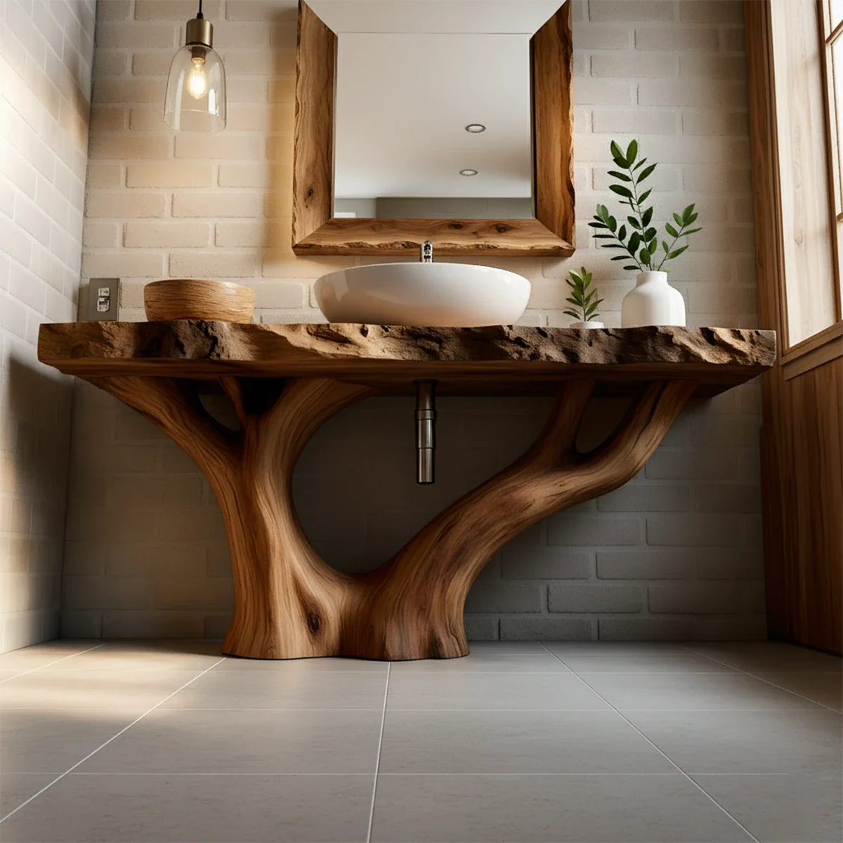 Solid Wood Tree Trunk Bathroom Vanity – Natural Live-Edge Design - Rustira