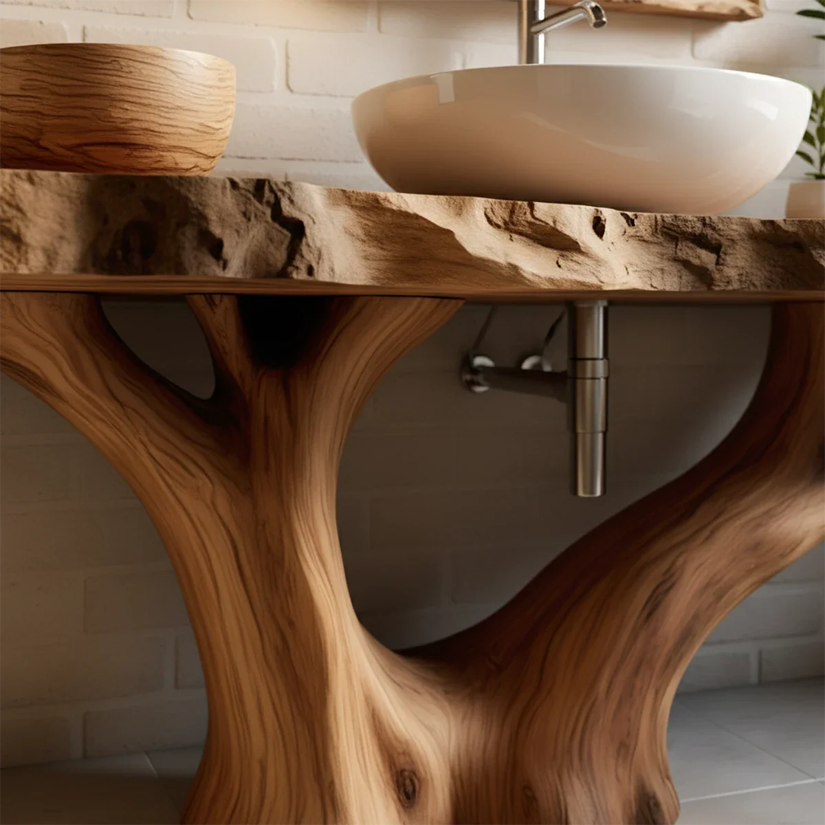 Solid Wood Tree Trunk Bathroom Vanity – Natural Live-Edge Design - Rustira