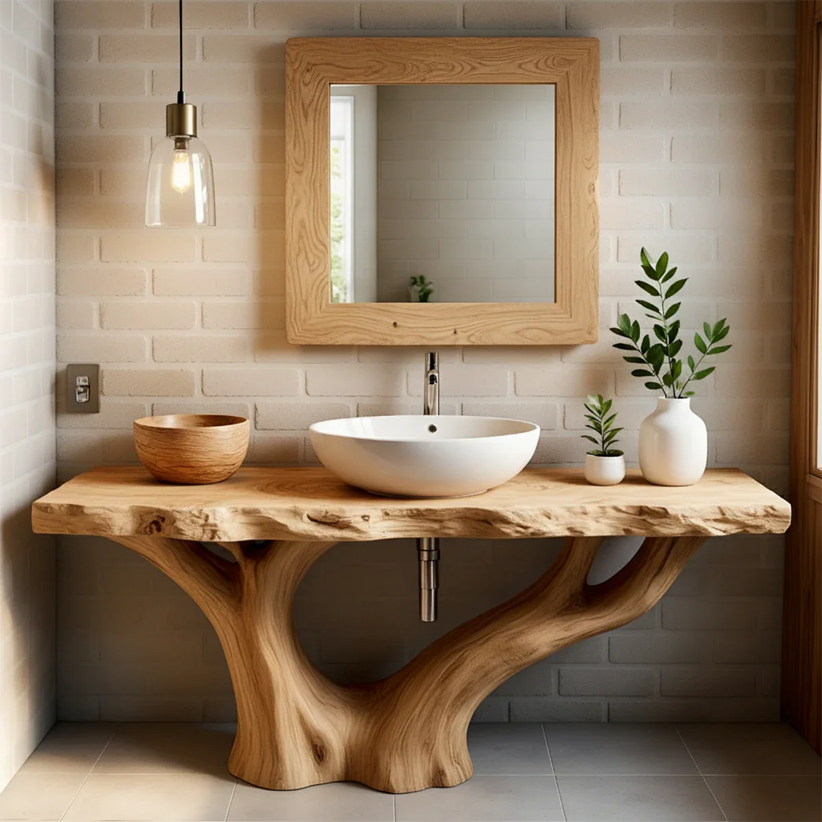 Solid Wood Tree Trunk Bathroom Vanity – Natural Live-Edge Design - Rustira