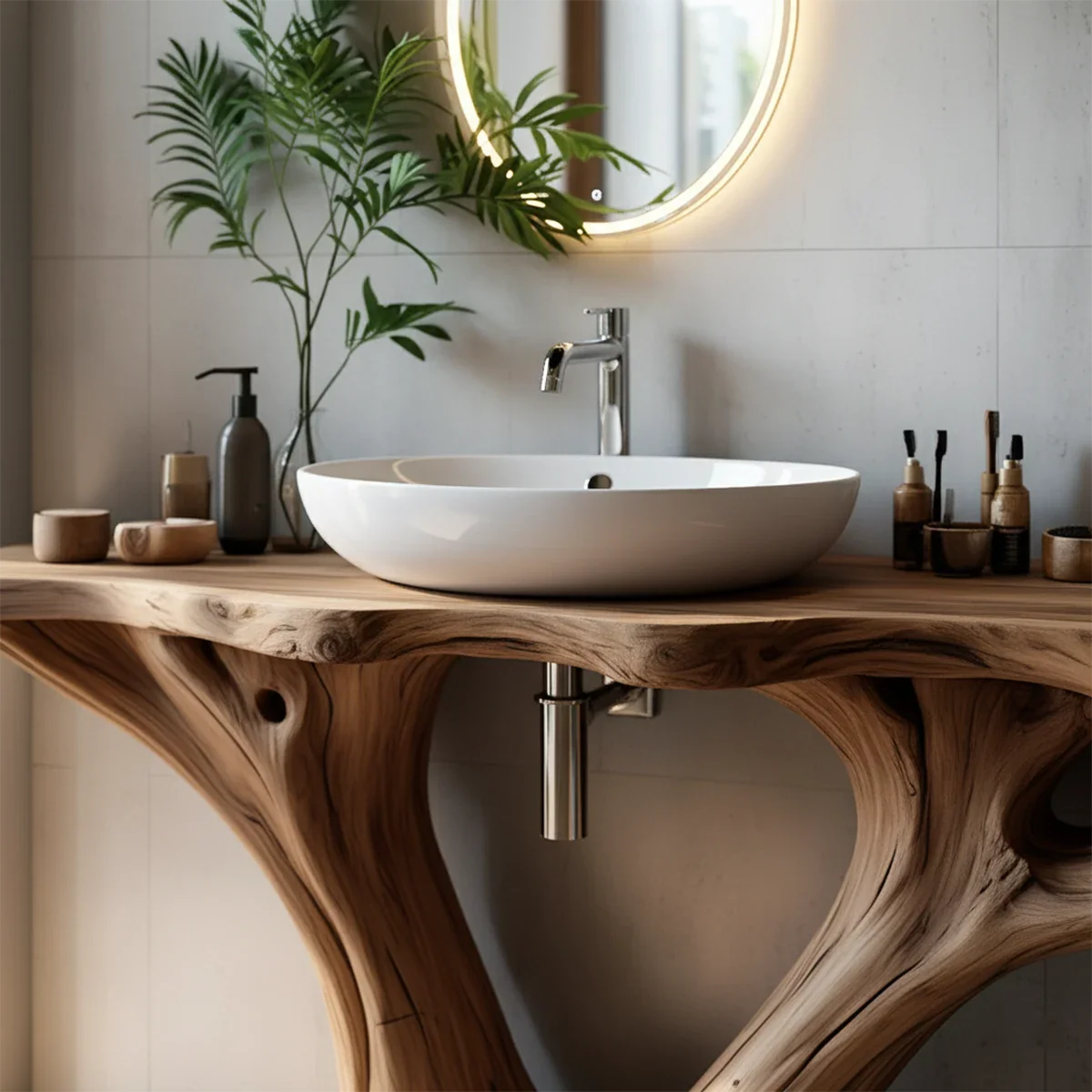 Solid Wood Tree Trunk Bathroom Vanity – Sculpted Live-Edge Base - Rustira