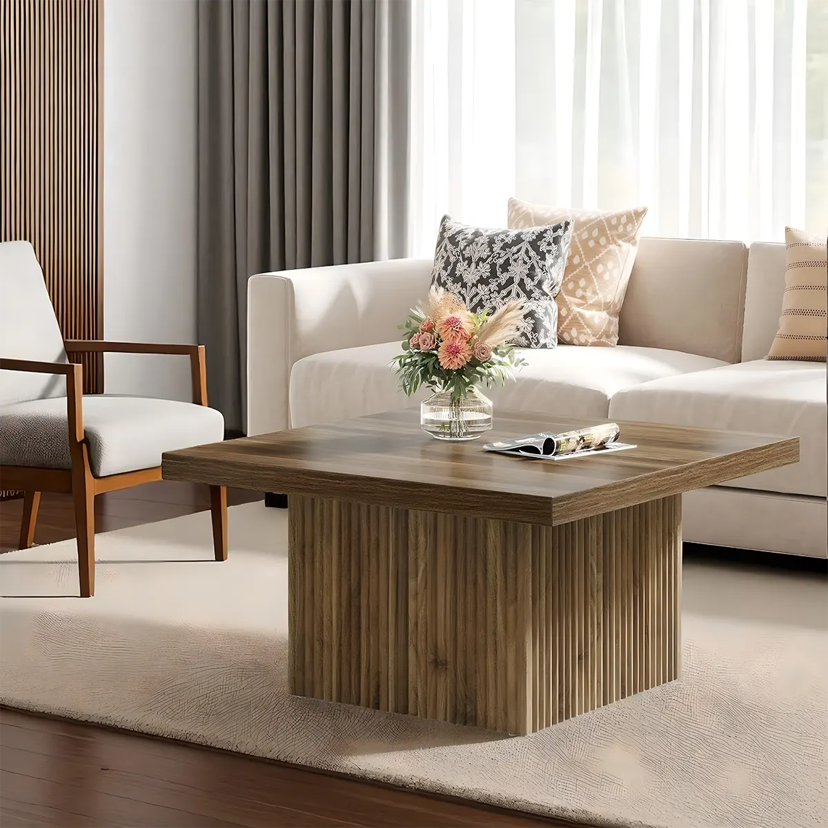 Square grooved wooden tea table, grooved base, modern Nordic style
