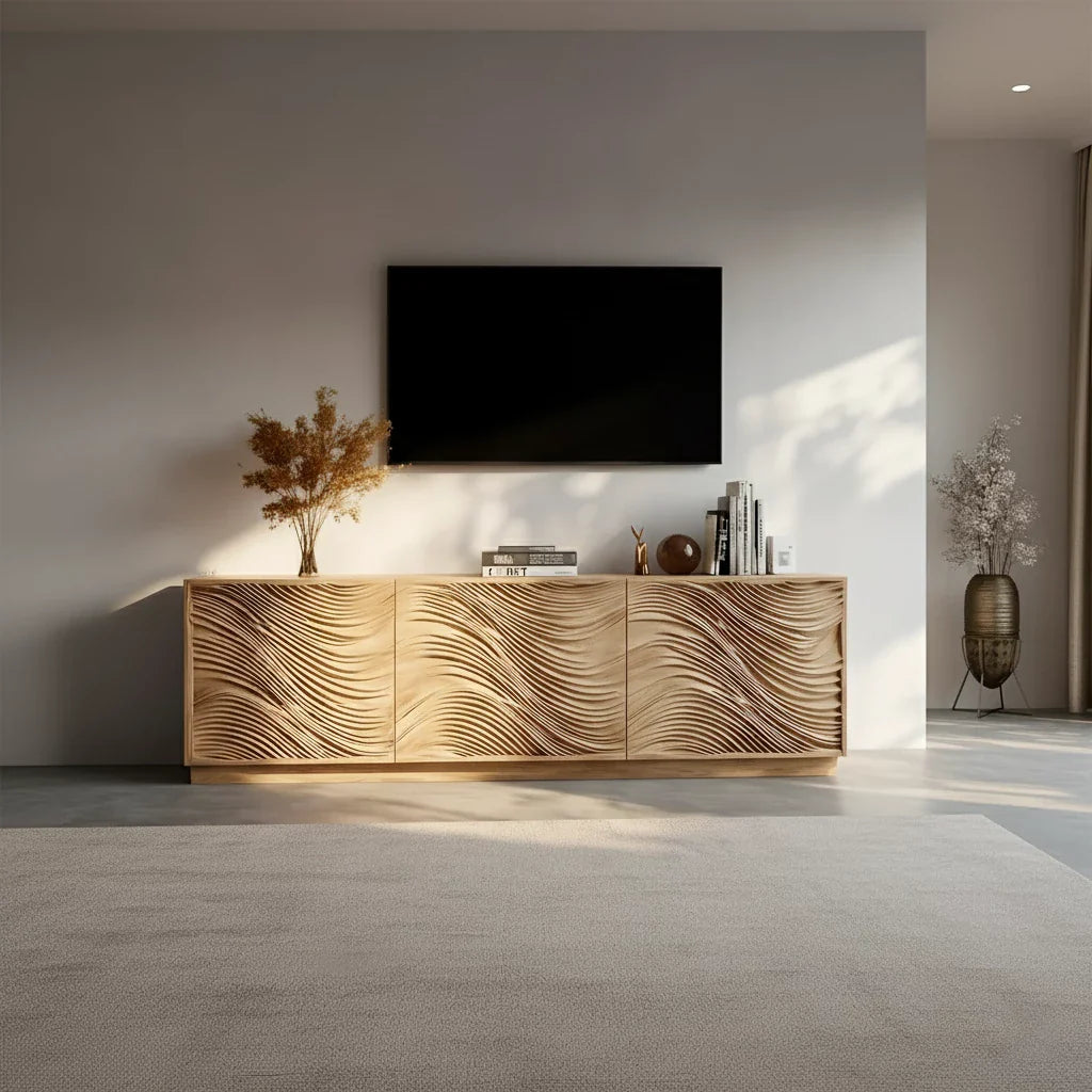 Sunlit Wave Carved Solid Wood TV Stand – Natural Breeze Edition - Rustira