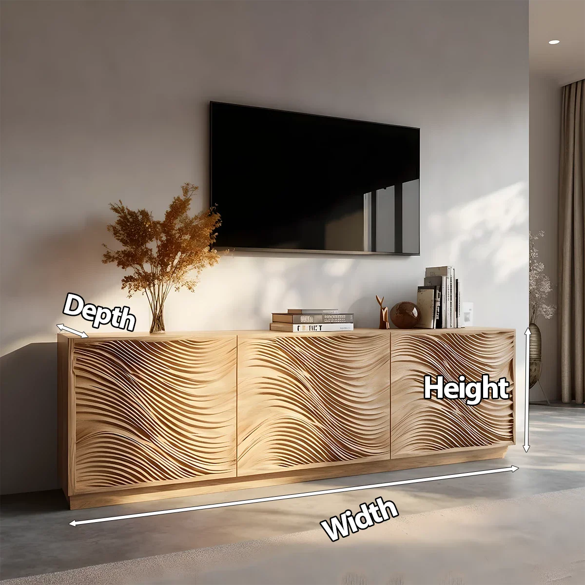 Sunlit Wave Carved Solid Wood TV Stand – Natural Breeze Edition - Rustira
