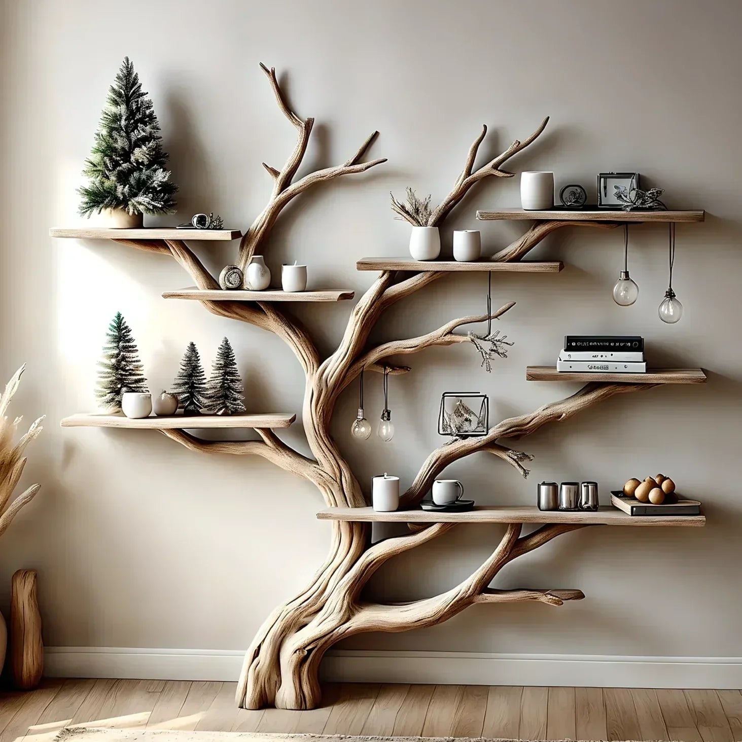 Narrow floating living table with solid wood bookcase and floating bookshelf