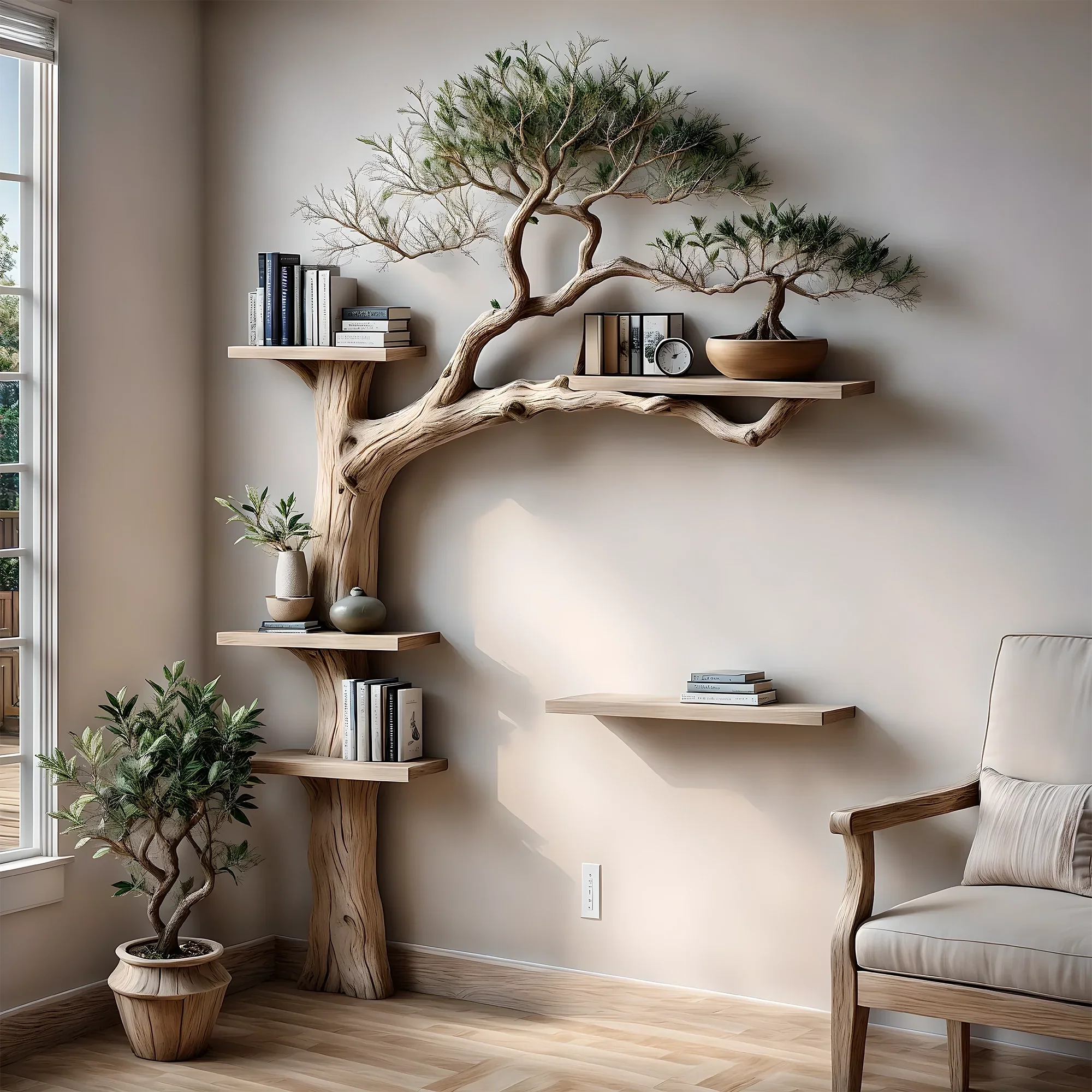 Tree bookshelf solid wood floating shelf branch solid wood bookcase wall mounted furniture and handmade decoration