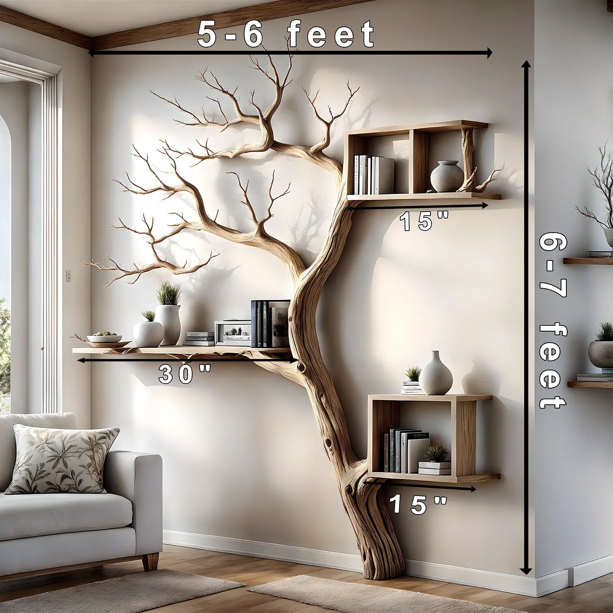 Tree-shaped bookshelf with box-shaped shelf decorates the corner of the wall