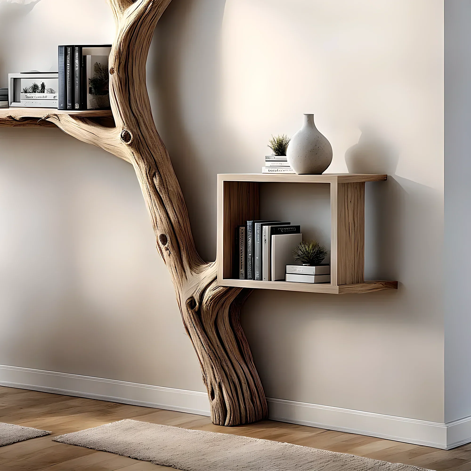 Tree-shaped bookshelf with box-shaped shelf decorates the corner of the wall