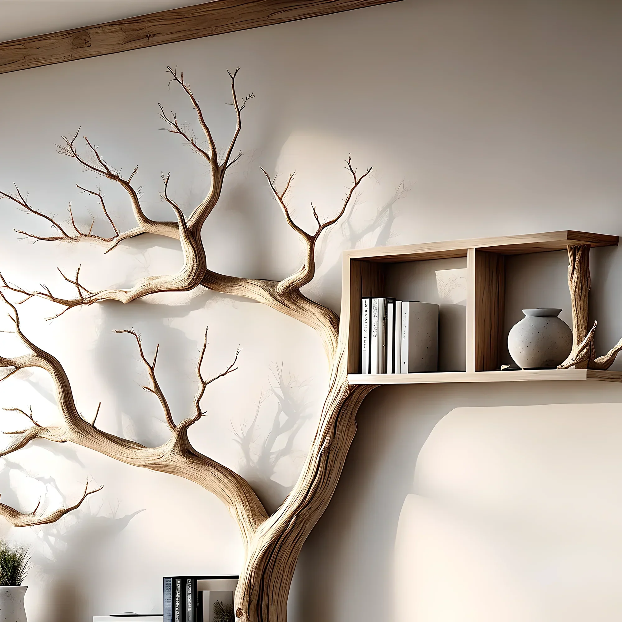 Tree-shaped bookshelf with box-shaped shelf decorates the corner of the wall