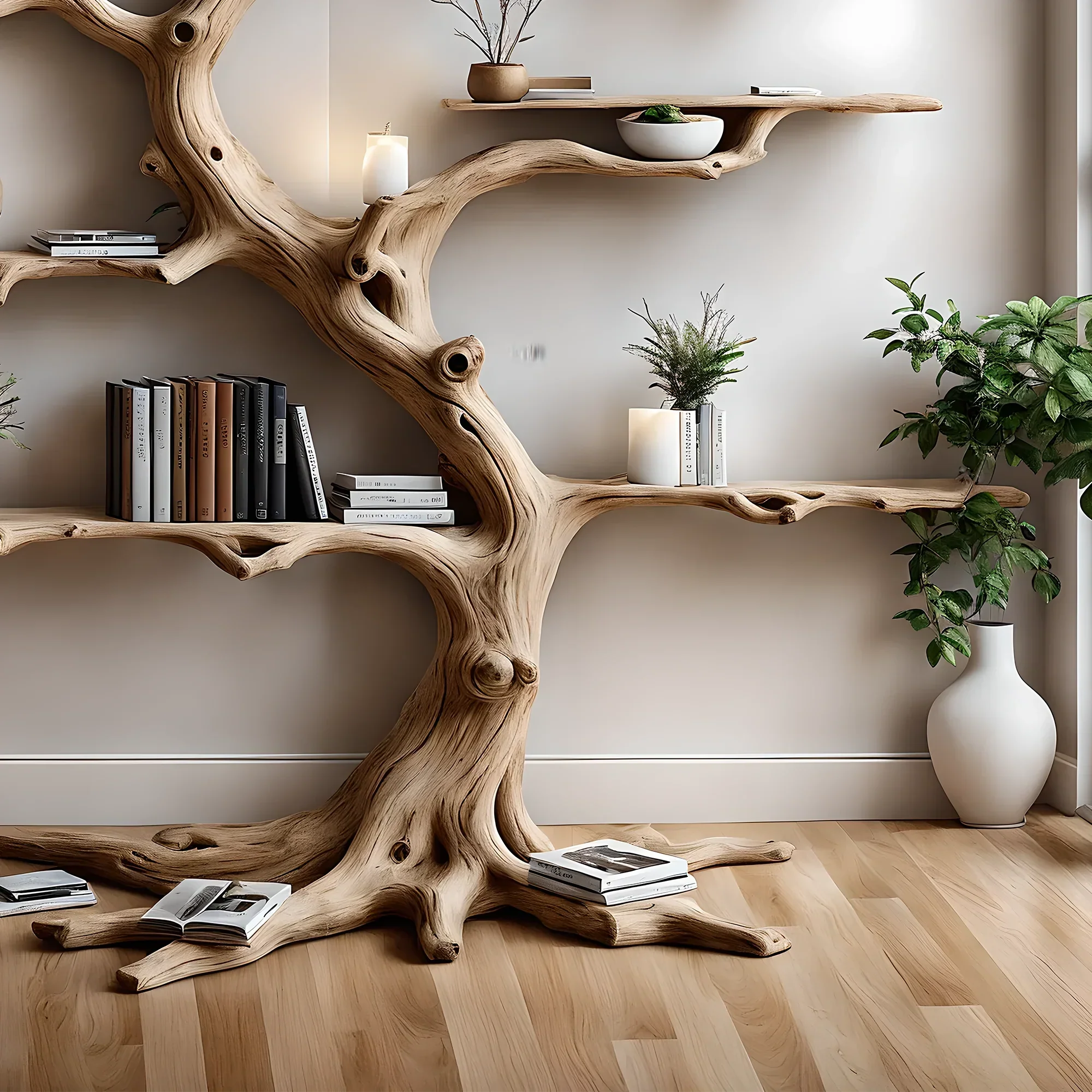 Tree-shaped driftwood bookshelf, solid wood bookshelf, perennial wood bookshelf, living room decoration shelf, home decoration