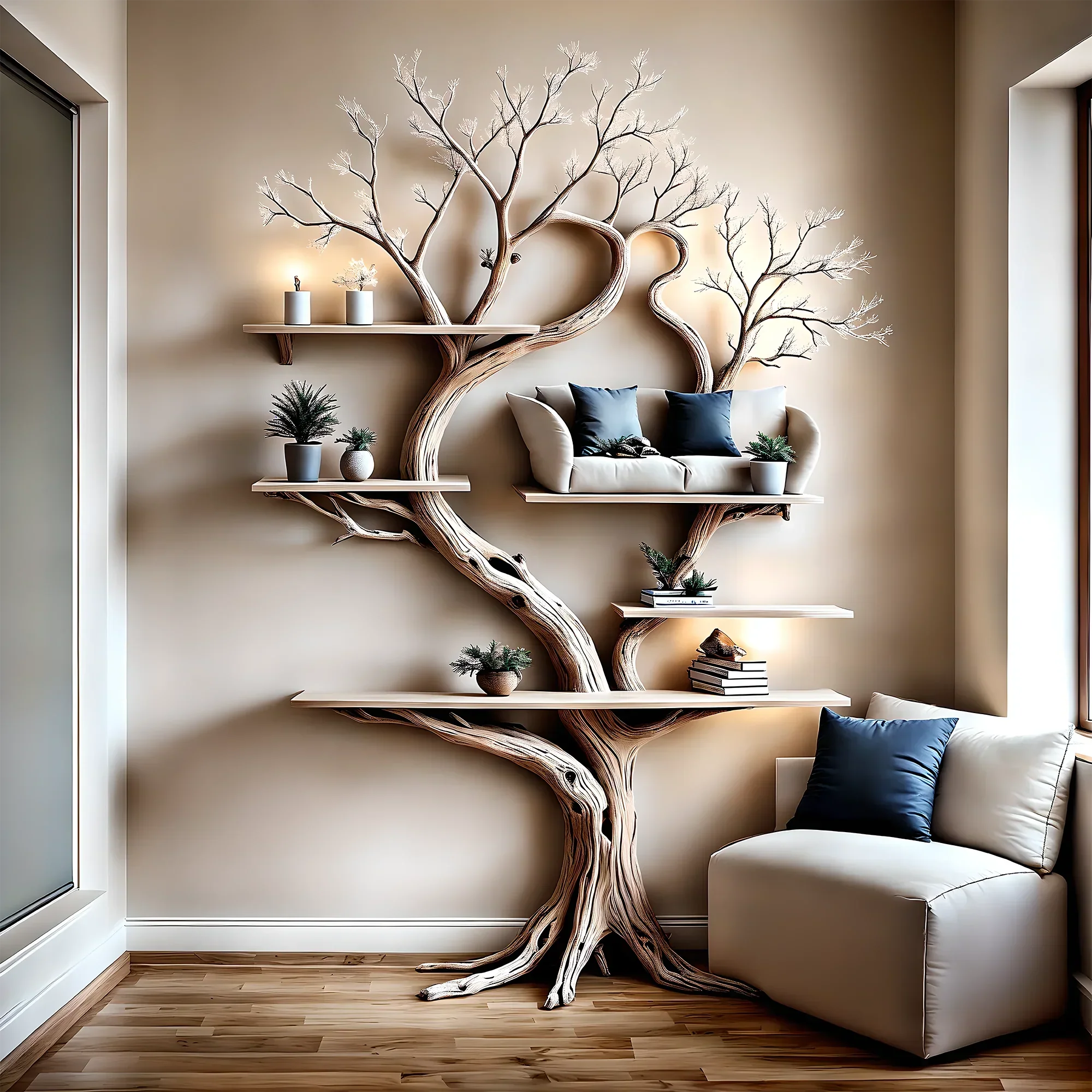 Tree-shaped natural wooden bookshelf Solid wood bookshelf Solid wood bookshelf Home decoration bookshelf