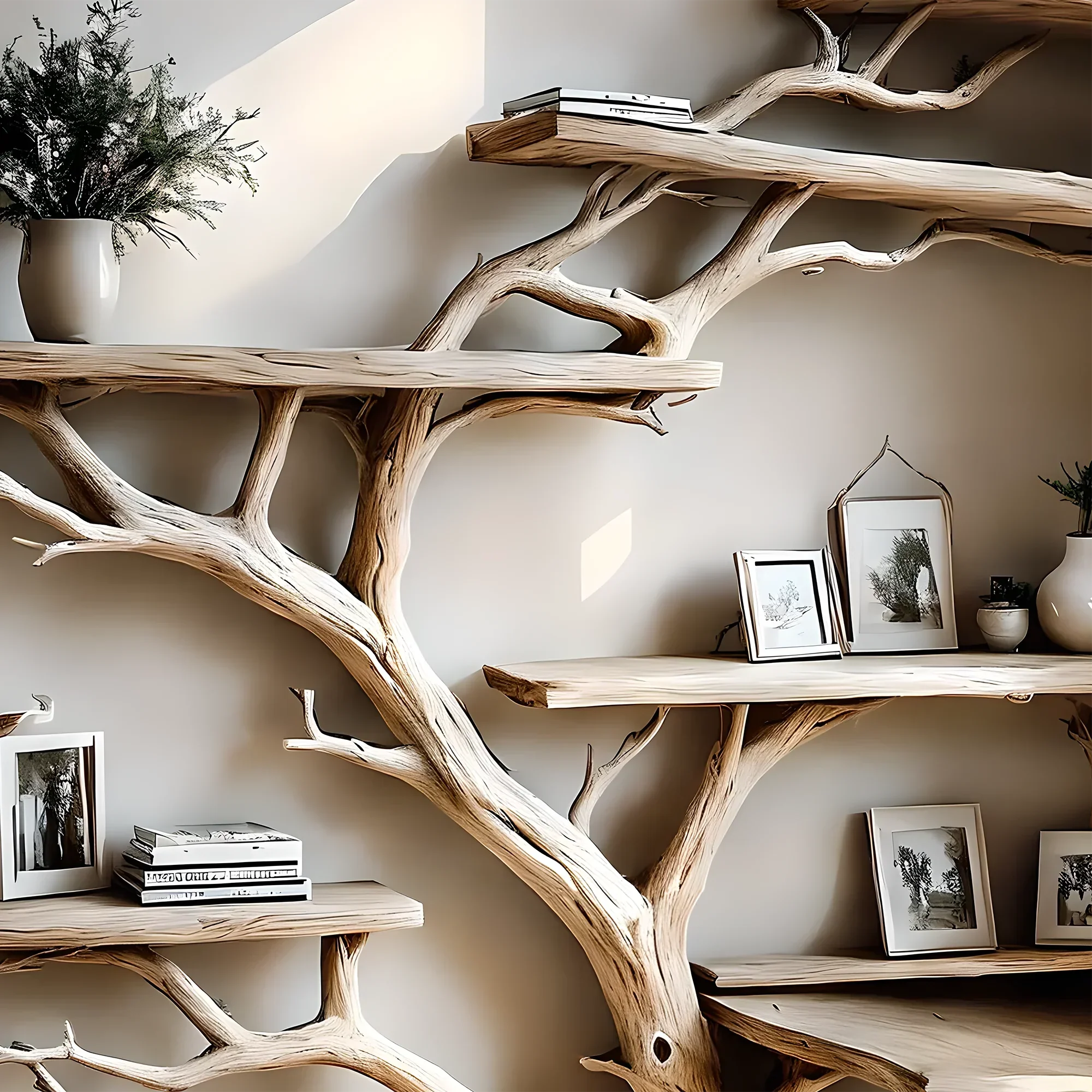 Tree-studded bookshelf, corner shelf living next to solid wood bookshelf on decorative wall