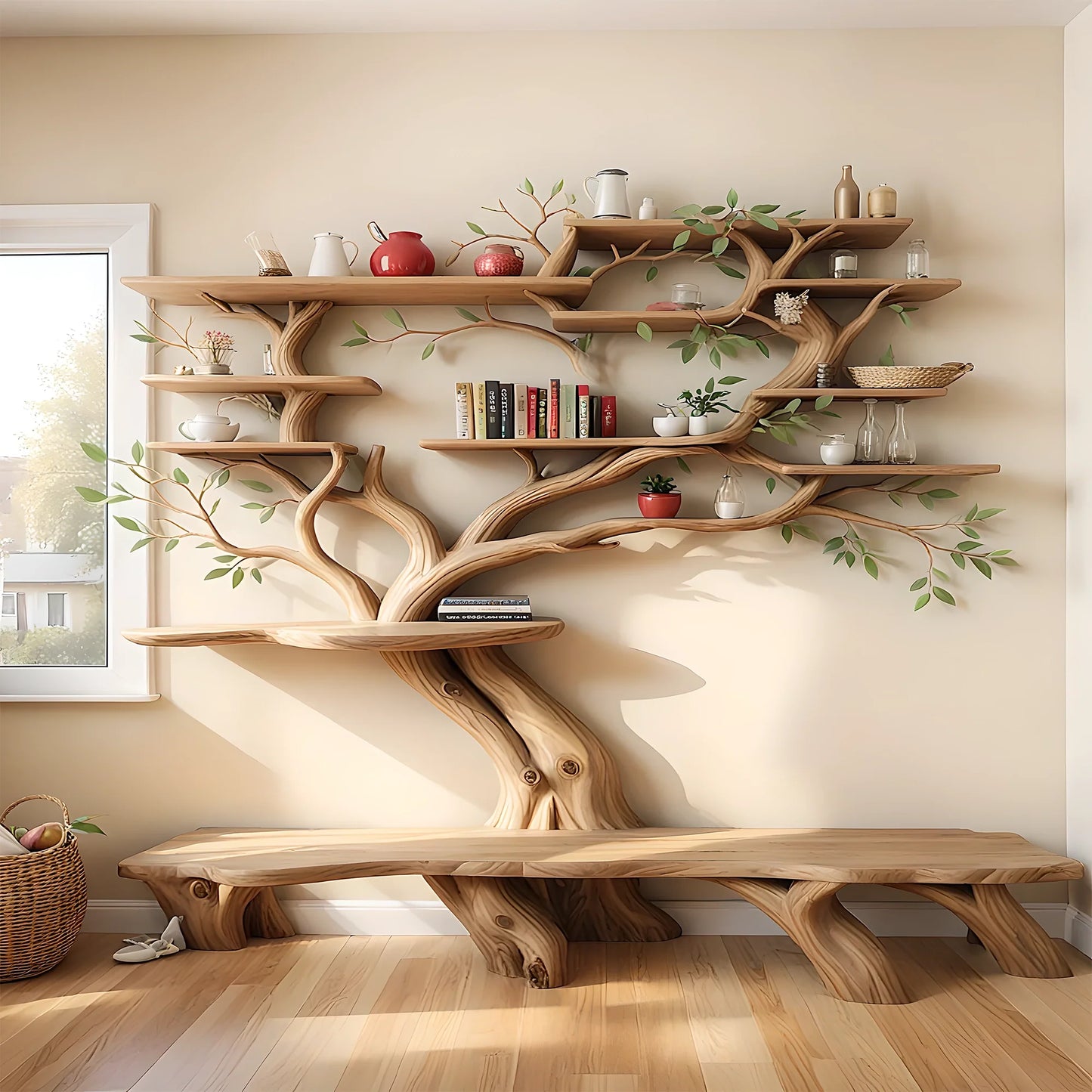 Unique monolithic tree shaped bookshelf
