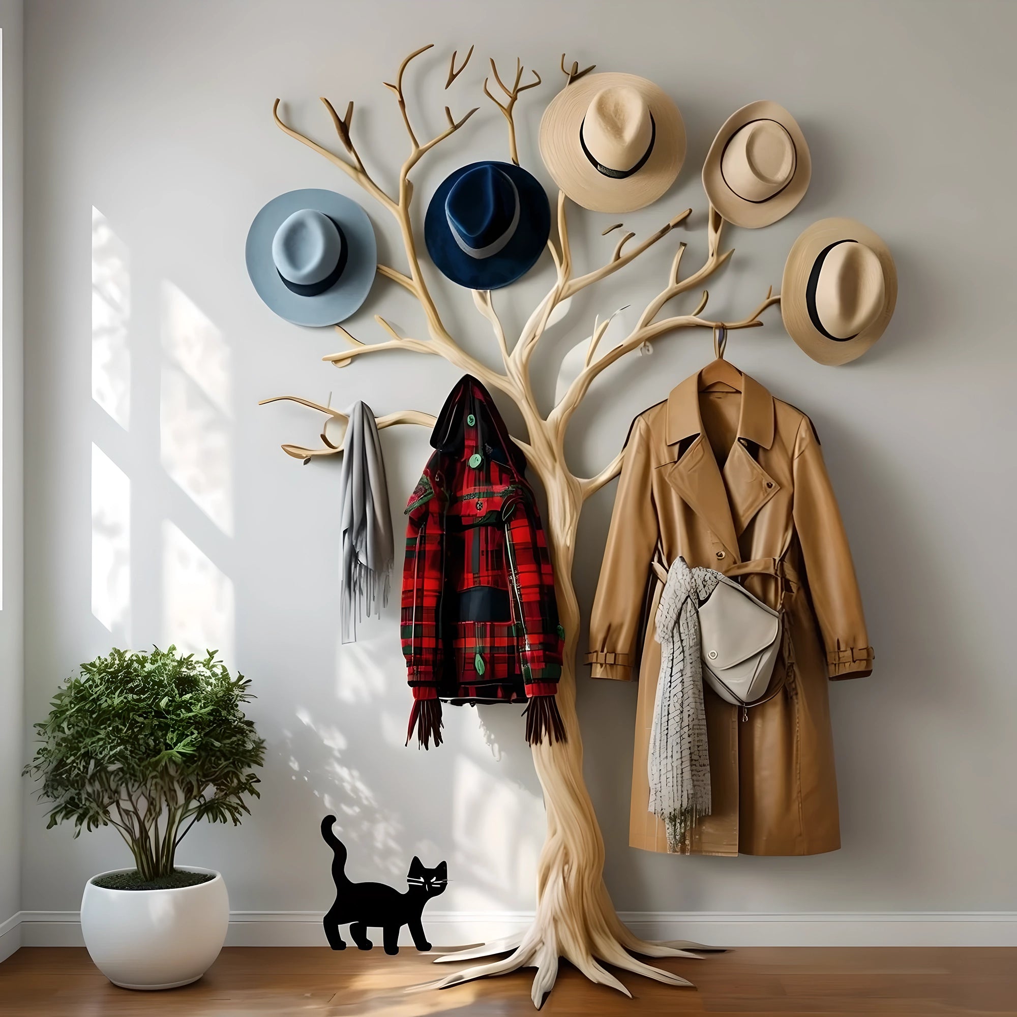 Tree-shaped driftwood coat rack
