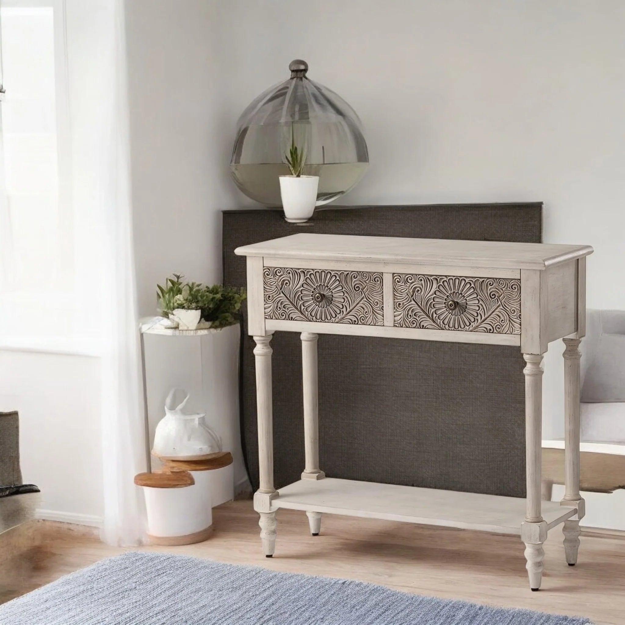 Vintage Carved Console Table with Floral Drawers and Bottom Shelf