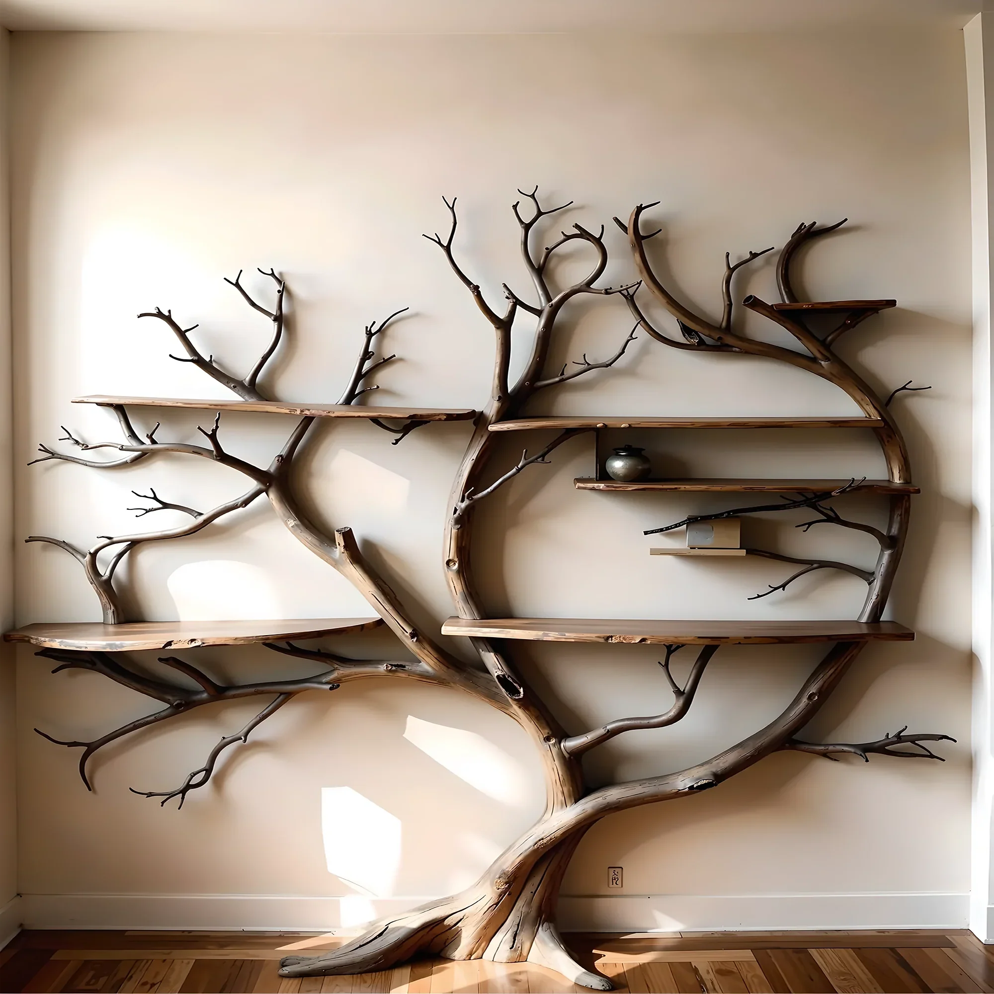 Wall-mounted bookshelf shaped like a natural tree