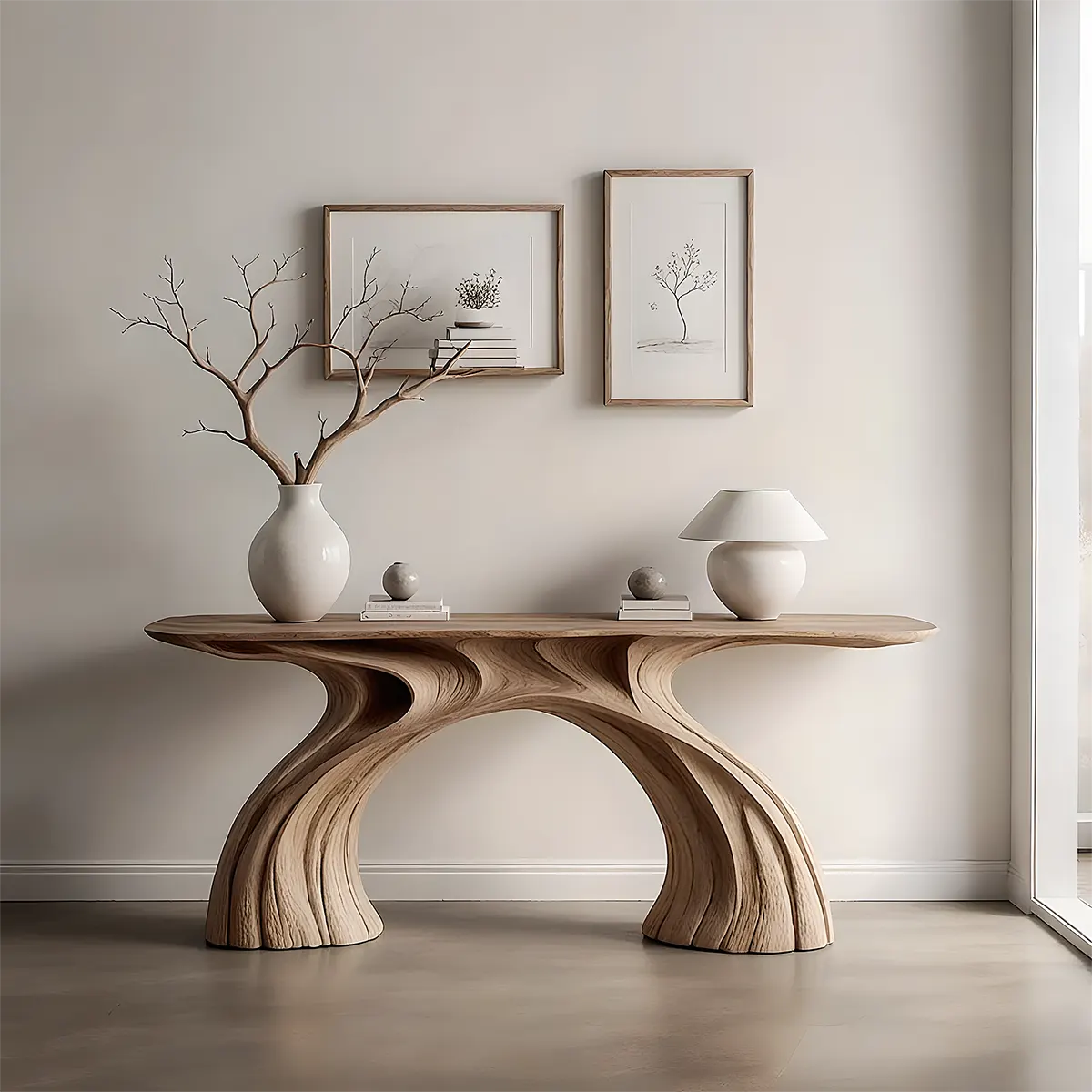 Wave Arch Oak Console Table – Minimal Sculptural Design - Rustira