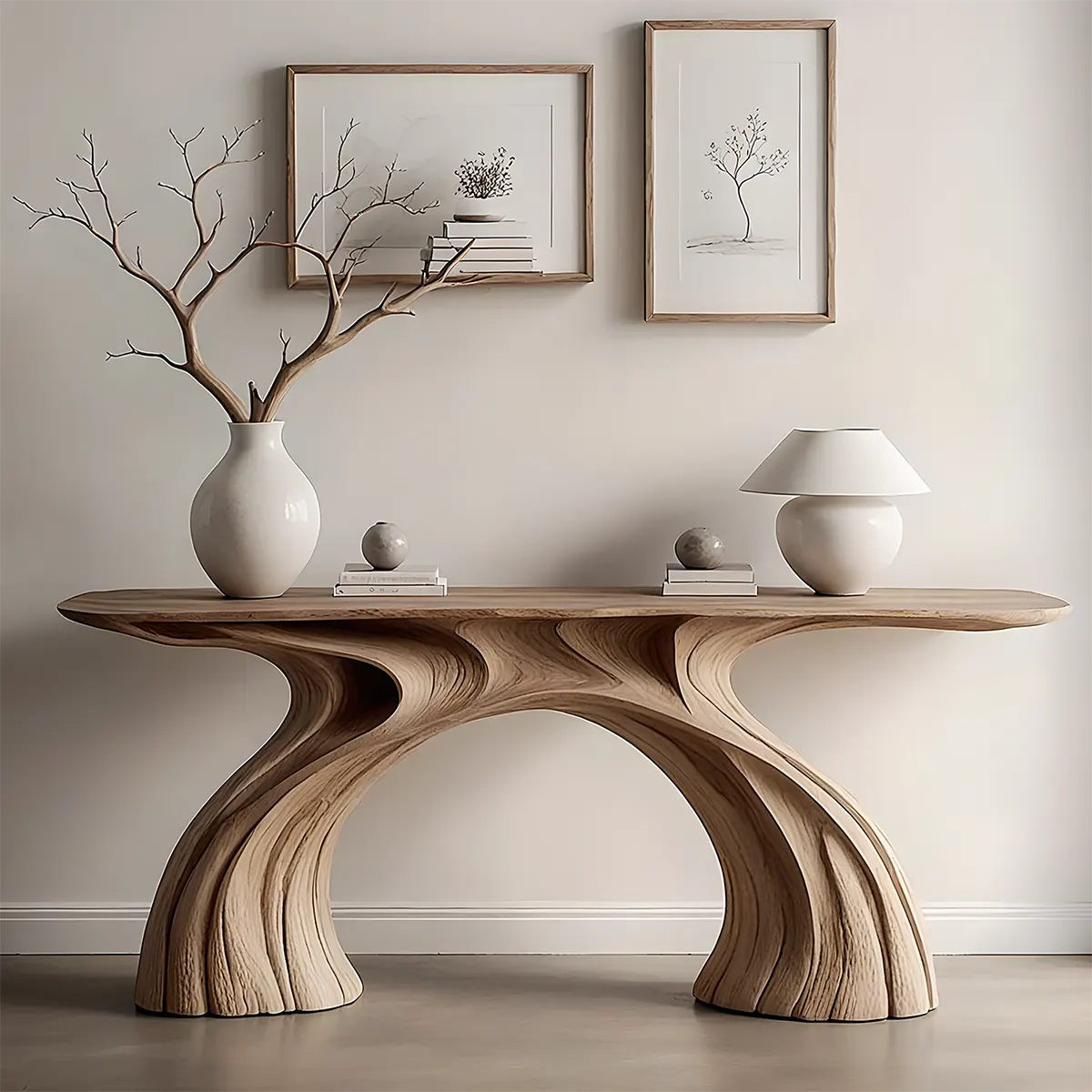Wave Arch Oak Console Table – Minimal Sculptural Design - Rustira