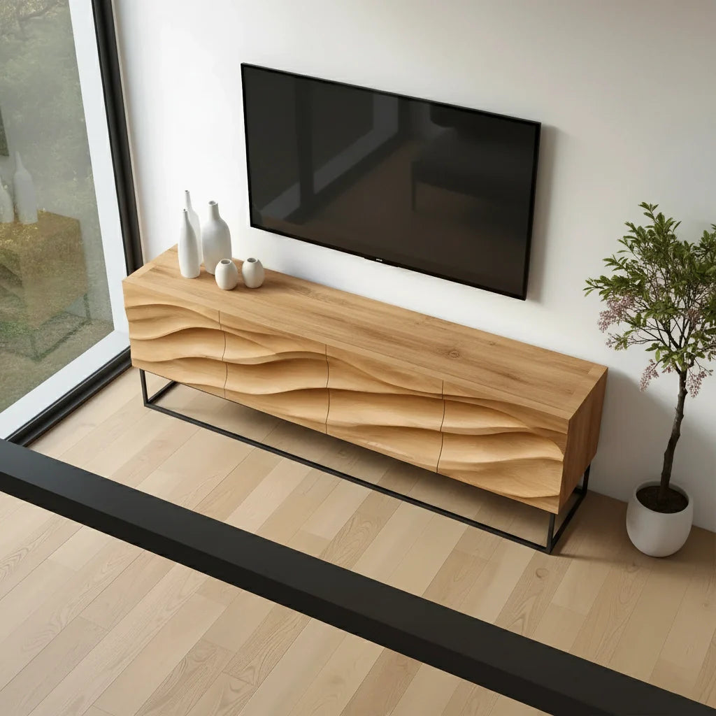 Wave-Carved Scandinavian Solid Wood TV Console – Natural Oak Finish - Rustira