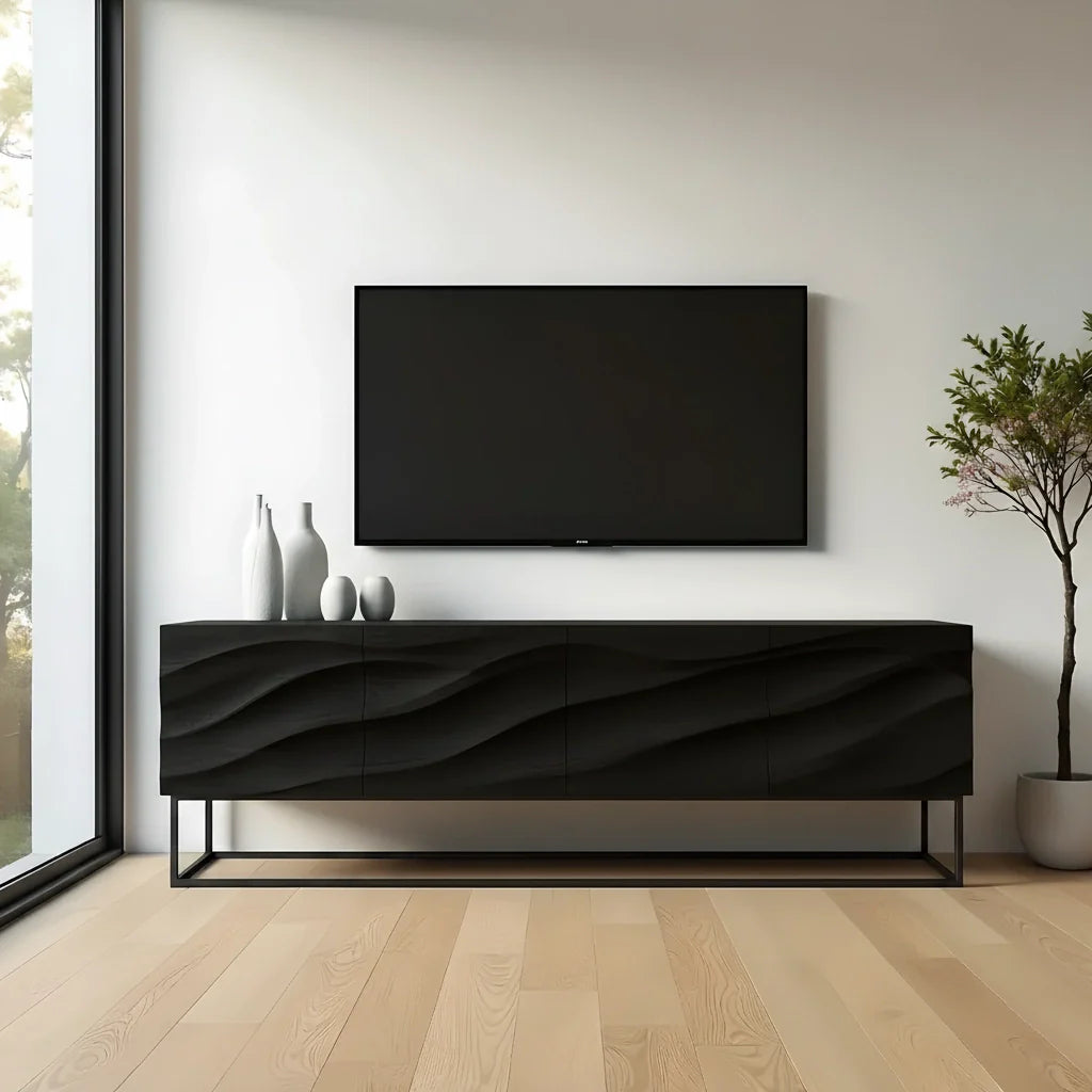 Wave-Carved Scandinavian Solid Wood TV Console – Natural Oak Finish - Rustira