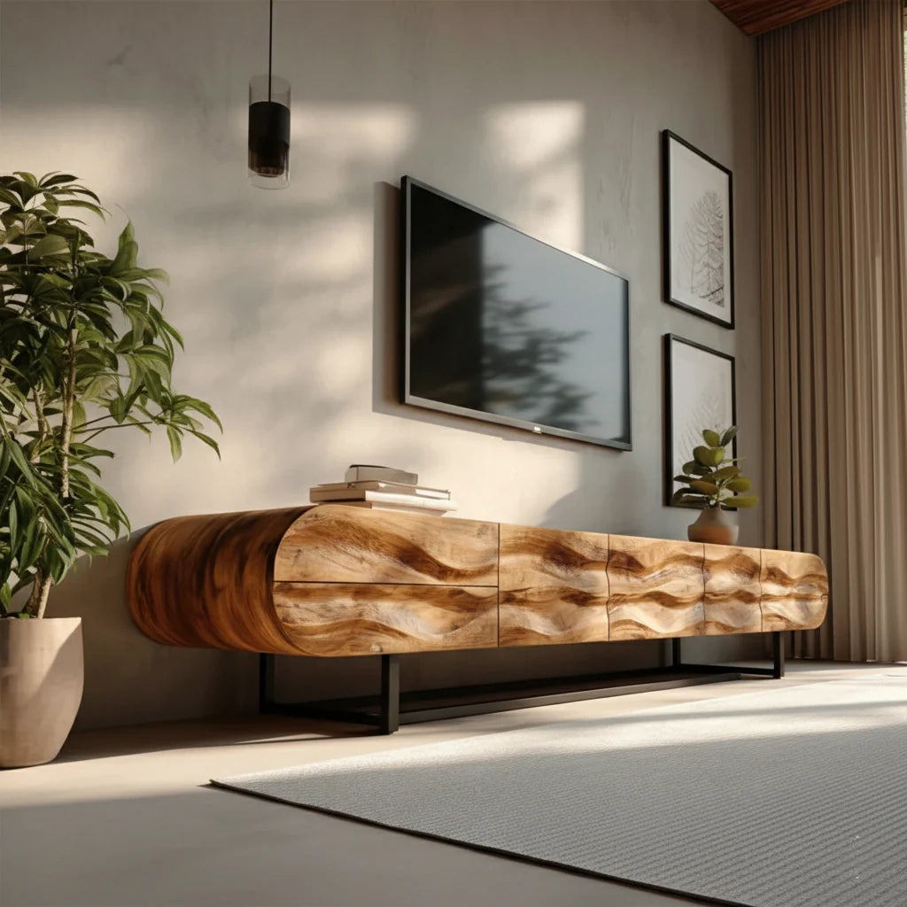 Wave-Carved Solid Wood TV Console – Organic Sculpted Media Sideboard - Rustira