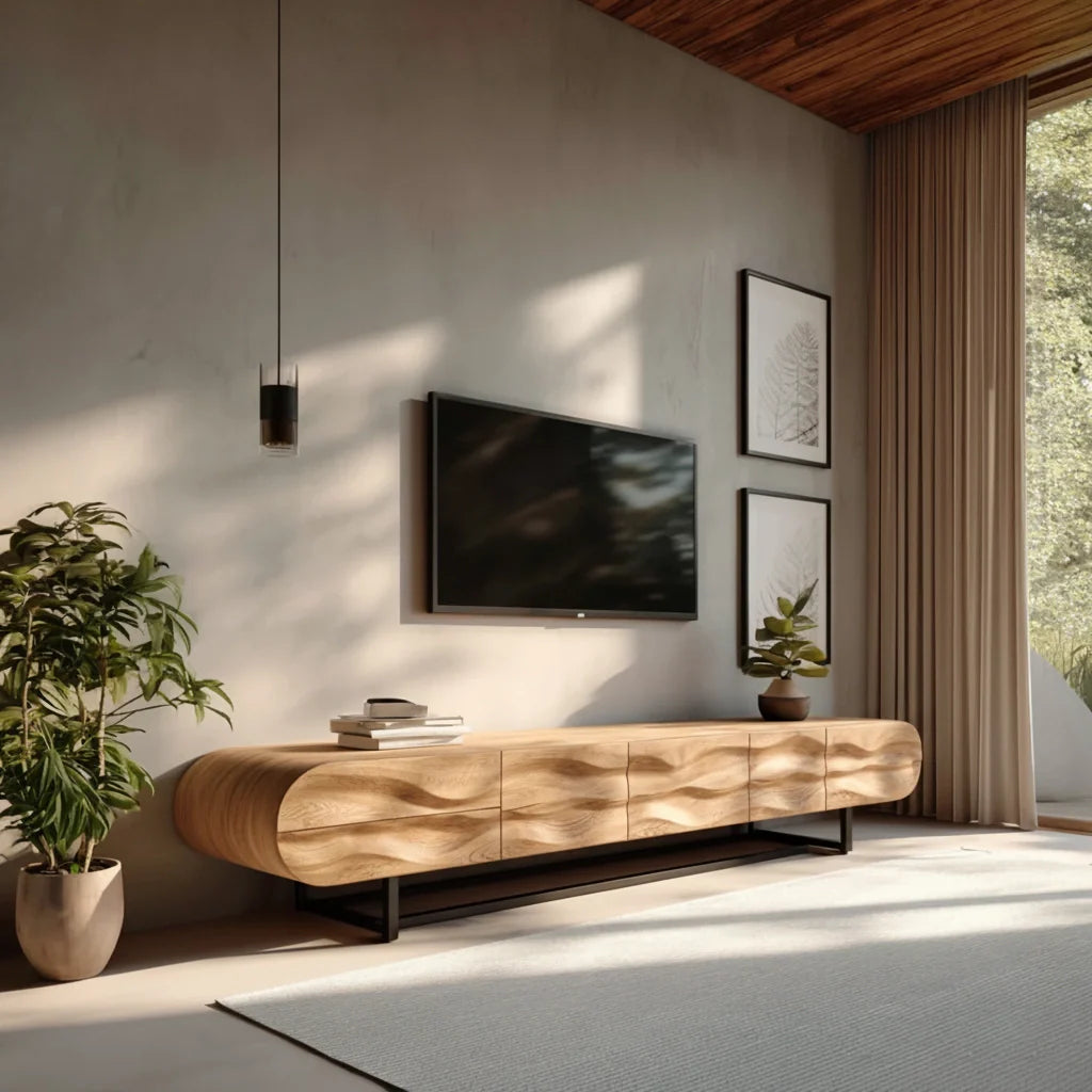 Wave-Carved Solid Wood TV Console – Organic Sculpted Media Sideboard - Rustira