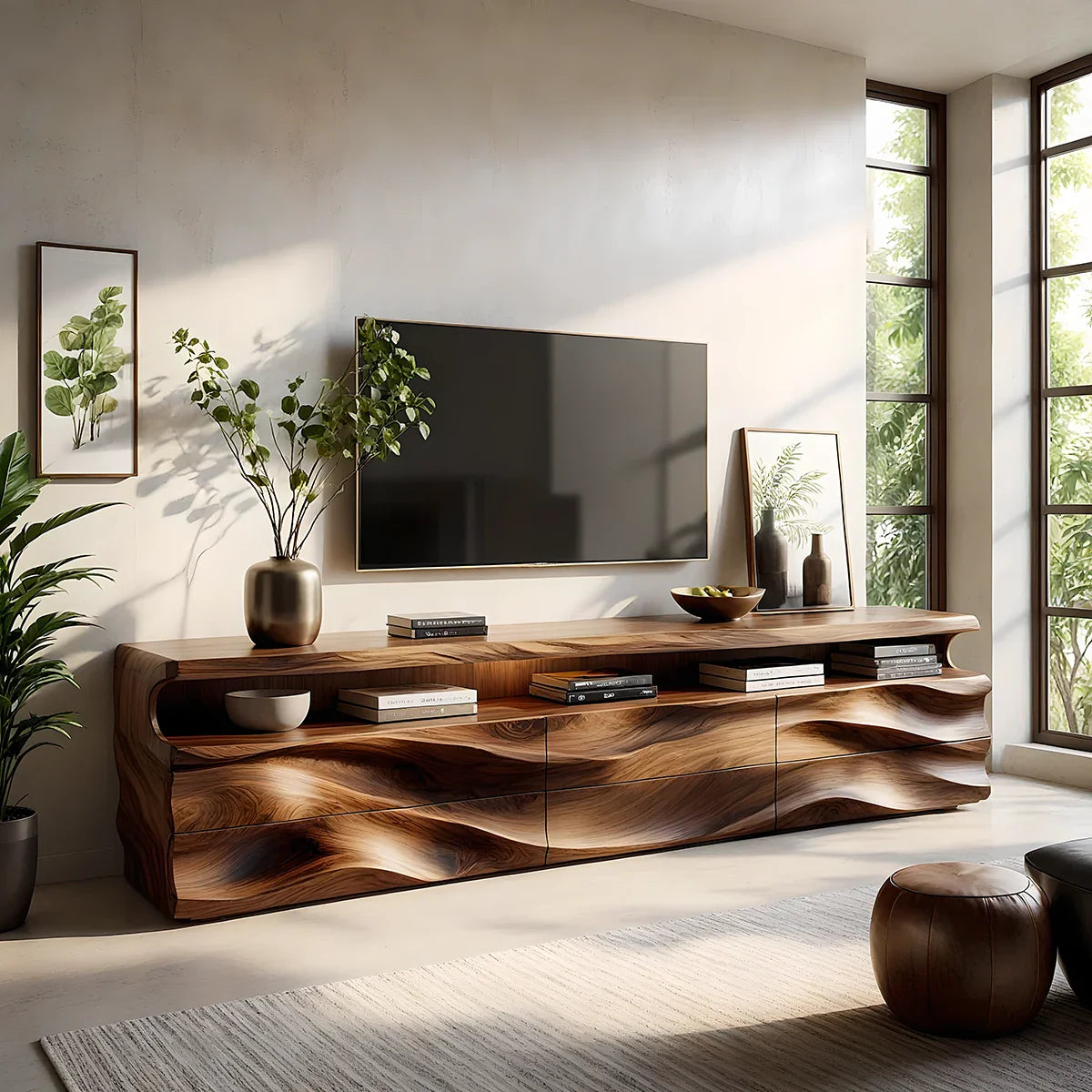 Wave-Carved Solid Wood TV Stand - Luxury Organic Media Console - Rustira