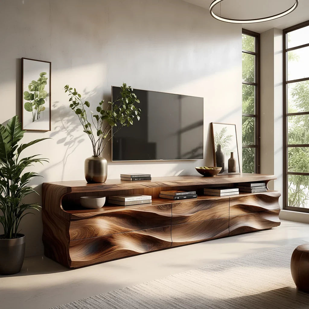 Wave-Carved Solid Wood TV Stand - Luxury Organic Media Console - Rustira