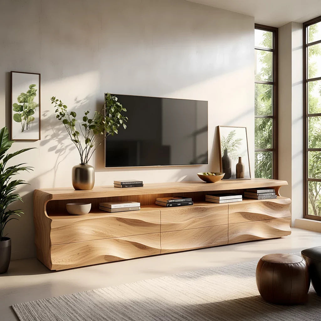 Wave-Carved Solid Wood TV Stand - Luxury Organic Media Console - Rustira