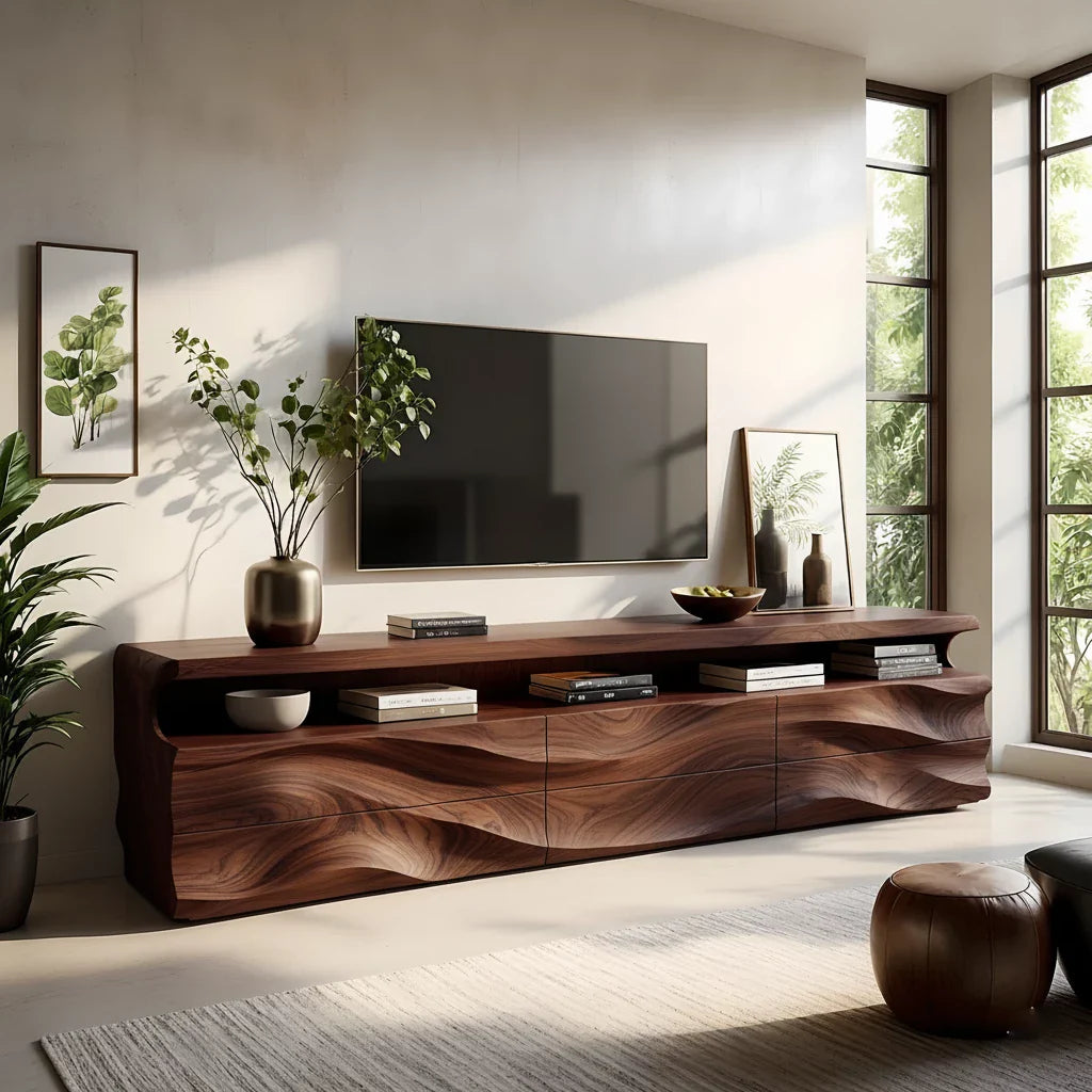 Wave-Carved Solid Wood TV Stand - Luxury Organic Media Console - Rustira