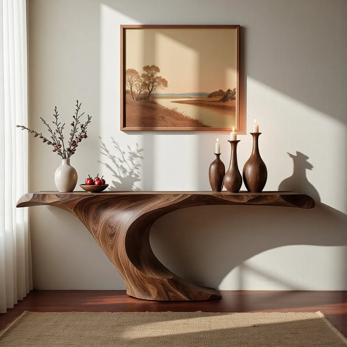 Wave Curve Walnut Console Table – Organic Sculptural Form - Rustira