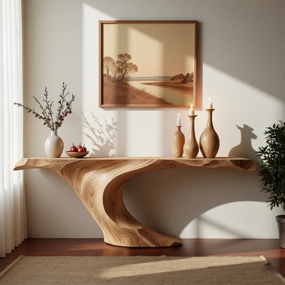 Wave Curve Walnut Console Table – Organic Sculptural Form - Rustira