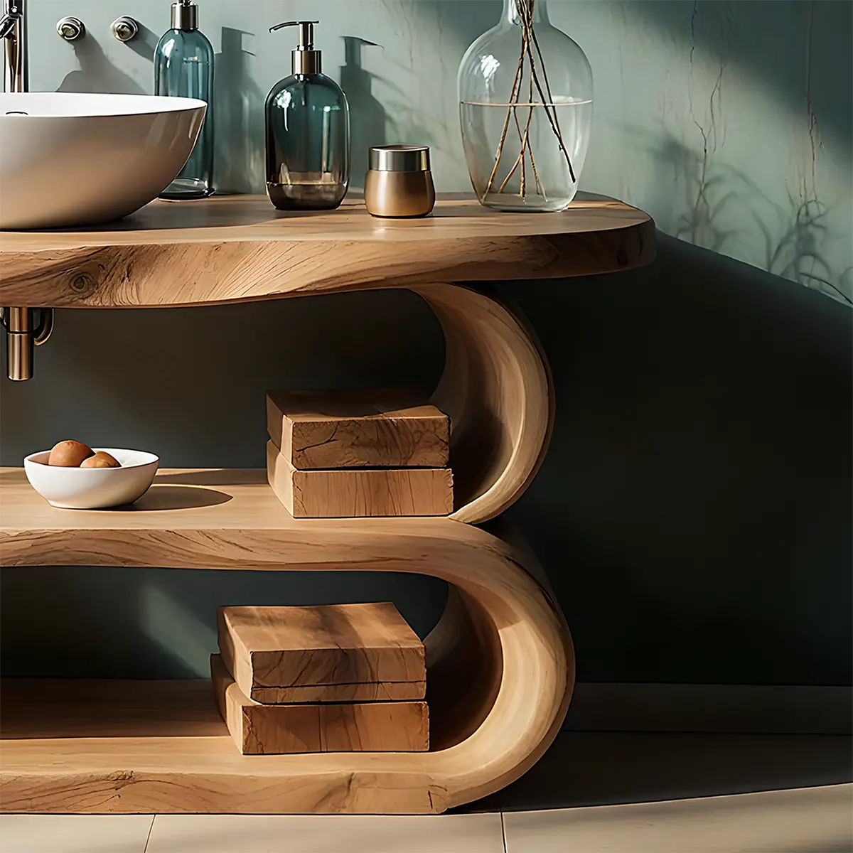 WaveArc Vanity – Solid Wood Bathroom with Zen Curves - Rustira