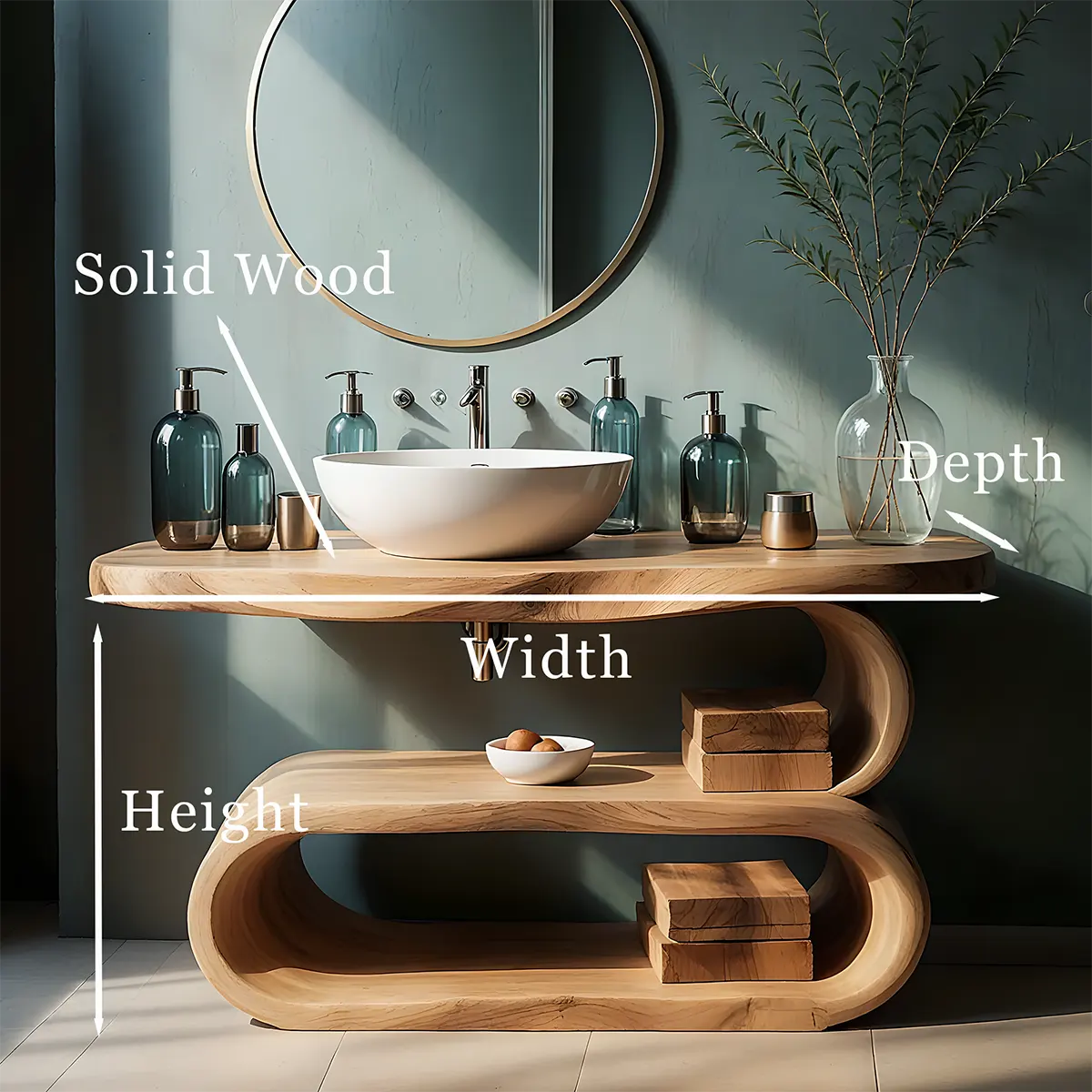 WaveArc Vanity – Solid Wood Bathroom with Zen Curves - Rustira