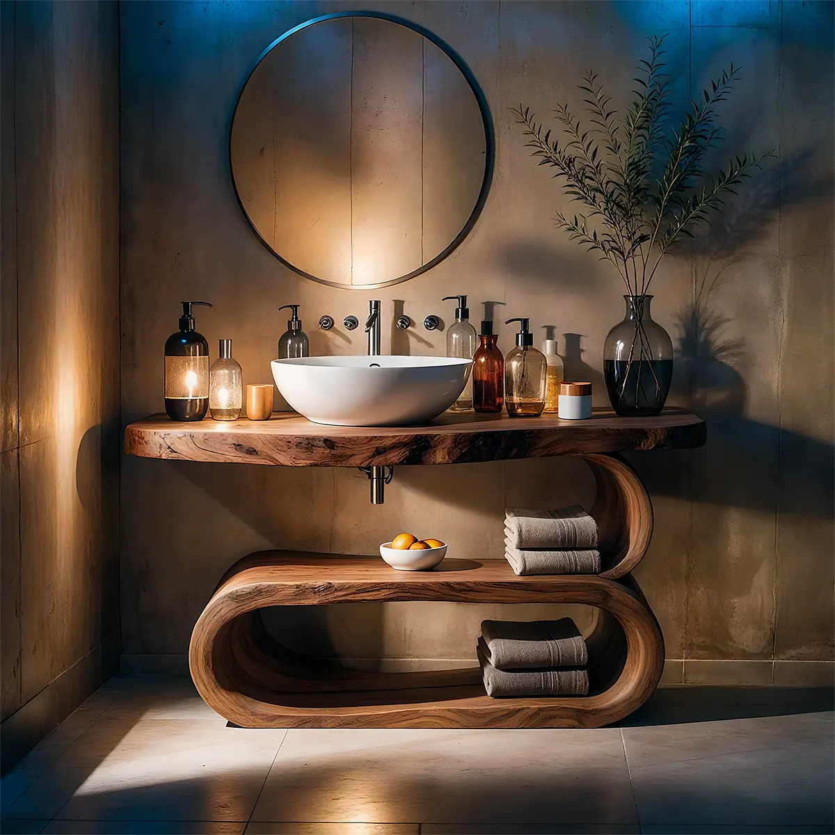 WaveArc Vanity – Solid Wood Bathroom with Zen Curves - Rustira