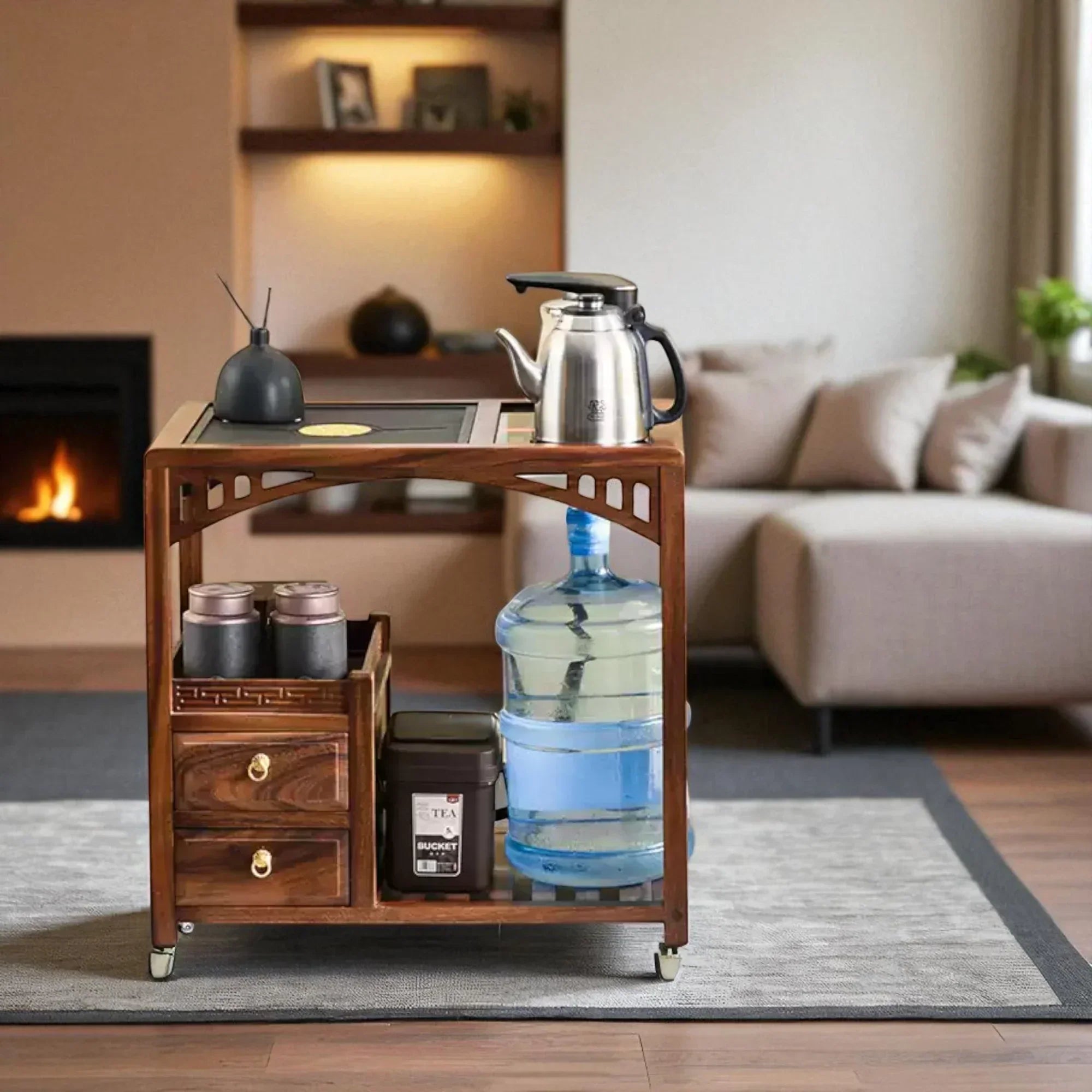 Wooden Tea Cabinet with Open Frame – Compact Brewing Table - Rustira