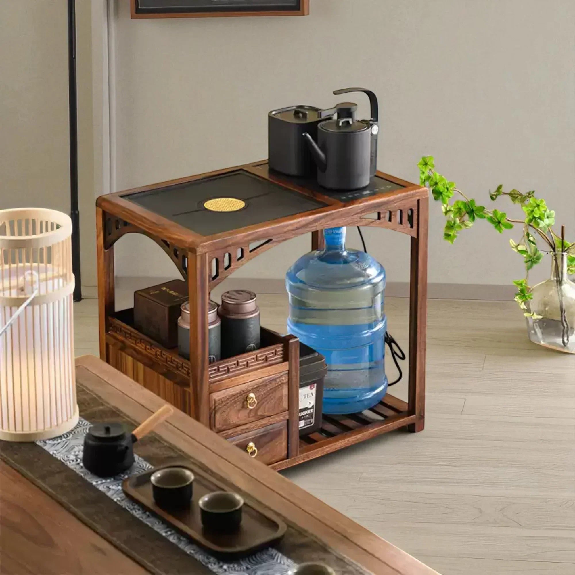 Wooden Tea Cabinet with Open Frame – Compact Brewing Table - Rustira