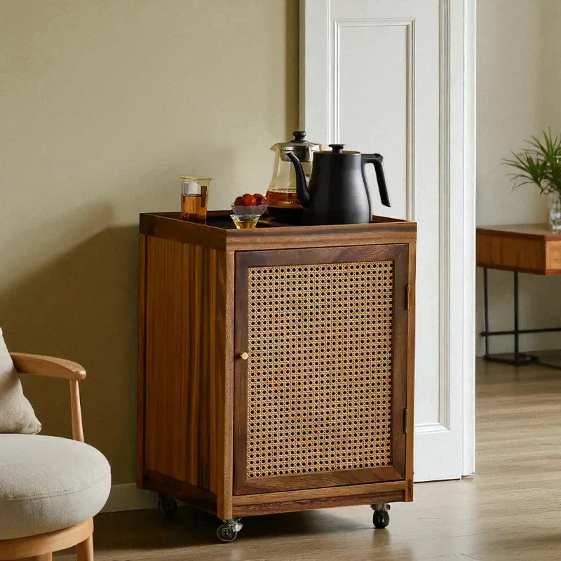 Wooden Tea Cabinet with Rattan Door – Portable Solid Wood - Rustira