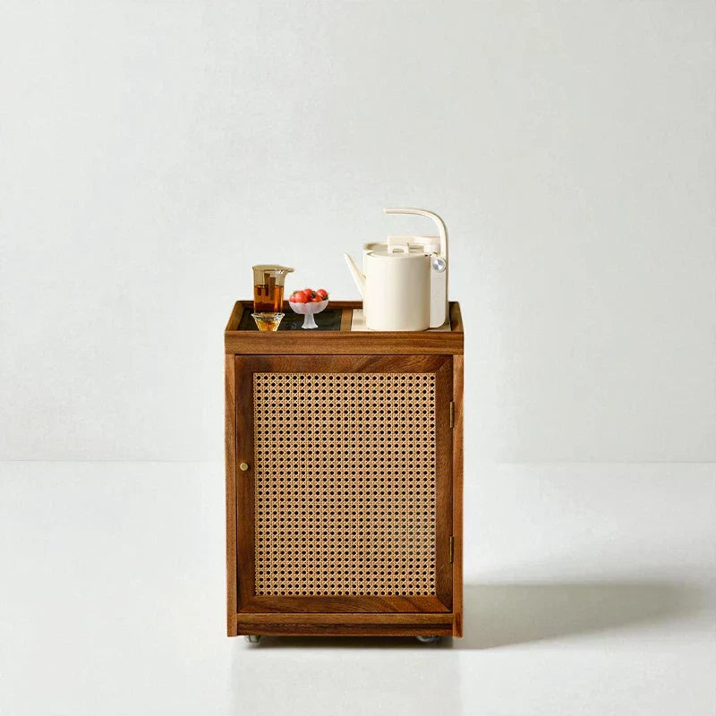 Wooden Tea Cabinet with Rattan Door – Portable Solid Wood - Rustira