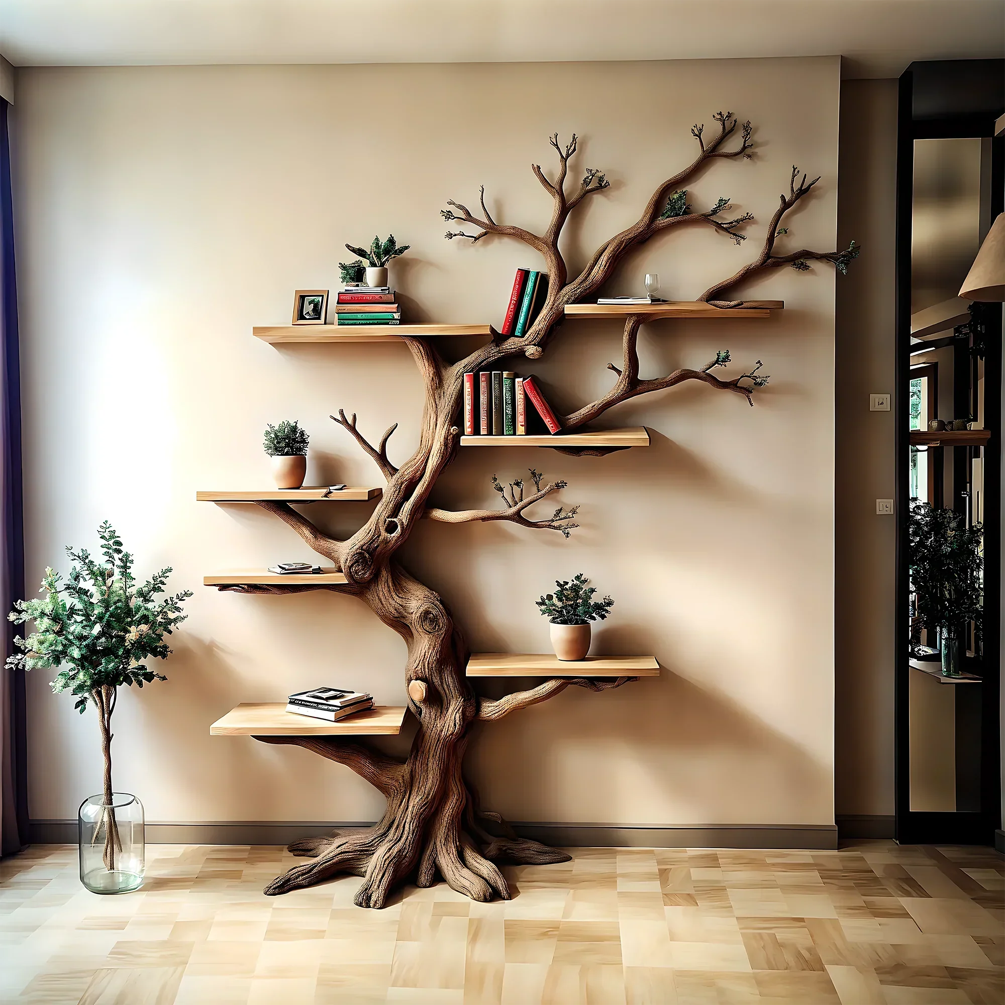 Wooden bookshelf, Natural wood, Children's bookshelf, Decorative library, Farm bookshelf, Preschool bookshelf